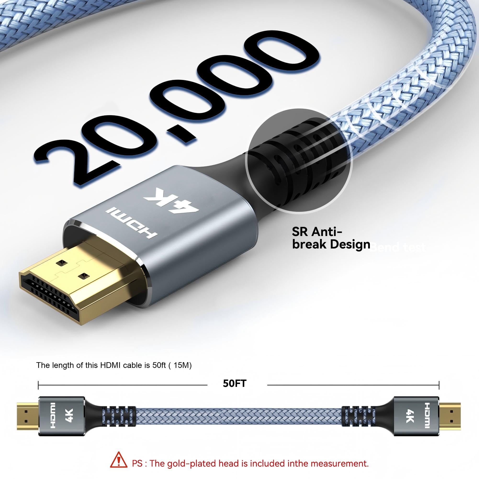 Cable HDMI 4K Ultra HD 2.0, cable trenzado de alta velocidad de 18 Gbps con conectores chapados en oro, compatible con HDR, 3D, ARC, HDCP 2.2, compatible con PS5/4/3, Roku TV