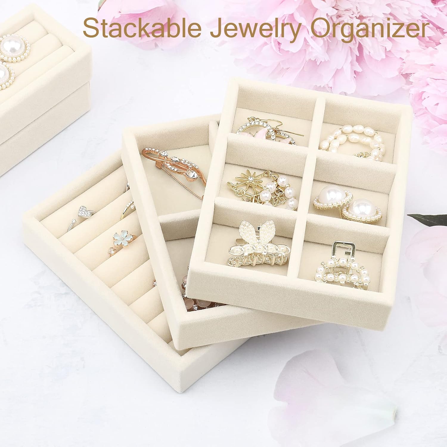 DesignSter Small Jewelry Tray-Ring Organizer 2PCS Premium Velvet Rings Earrings Display Tray Storage Insert Holder for Jewelry Box, Drawer, Dresser (6 Grids, Beige) - Image 7