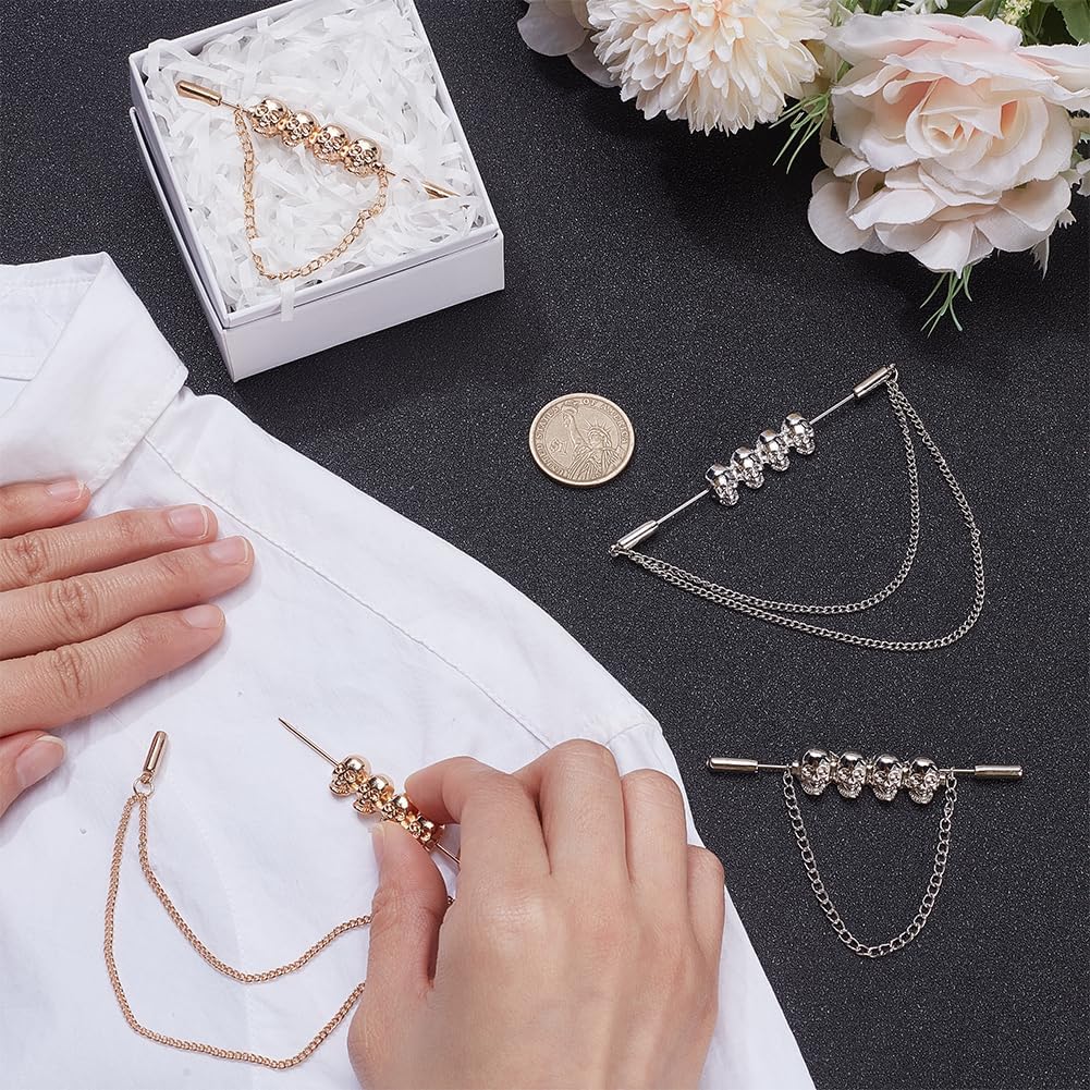 WEBEEDY 4 Pcs 2 Styles Skull Suit Pin Tie Clip with Chain, Gold/Silver Tie Pins for Men, Collar Bar Ties Chains Tacks Lapel Pins for Wedding Business Formal Events Suit Accessories Father's Day Gifts