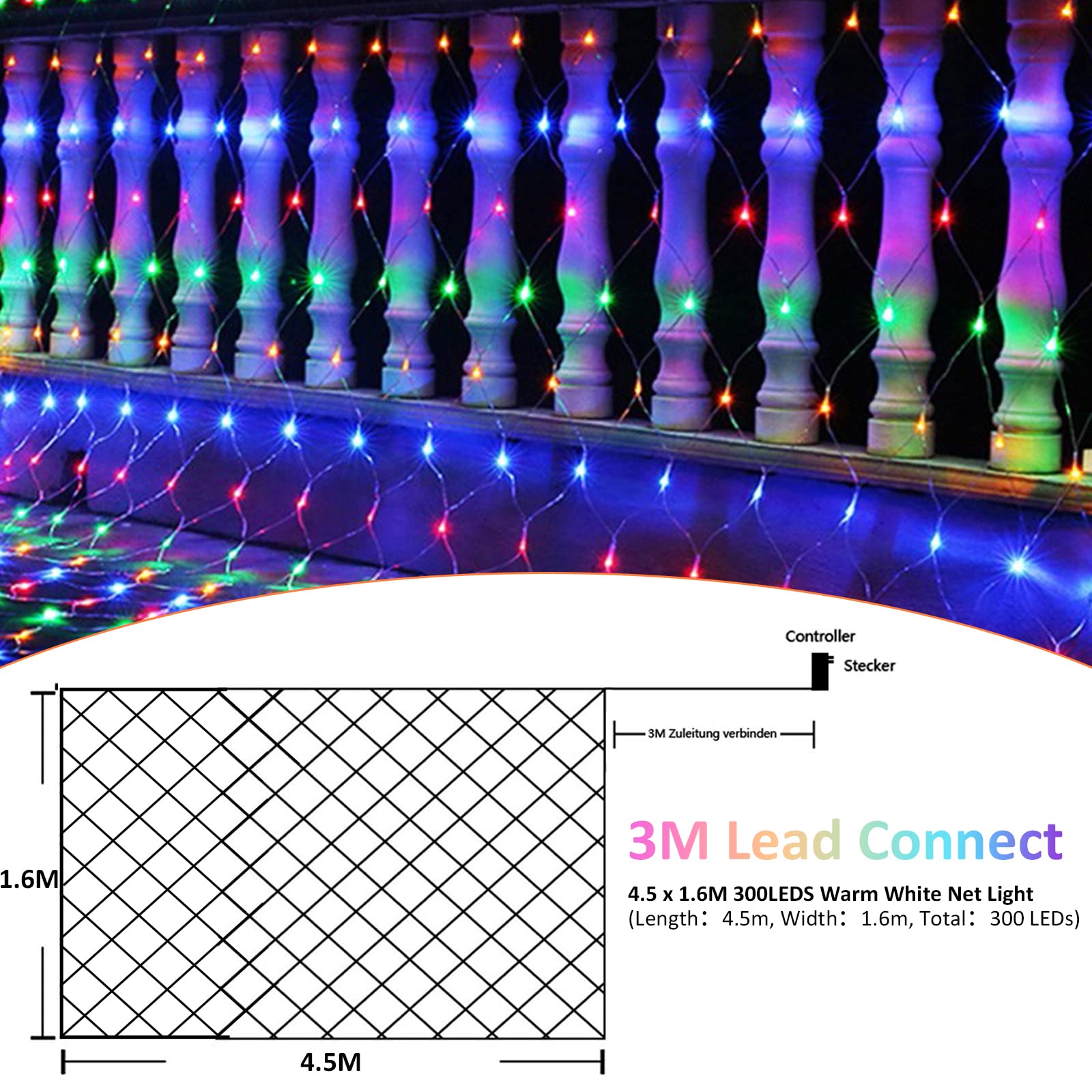 Rete Luminosa A LED 300 Luci Bianco Caldo – 4,5x1,6 M, 8 Modalità, IP44 Impermeabile, Per Esterni E Giardino, Con Spina UE
