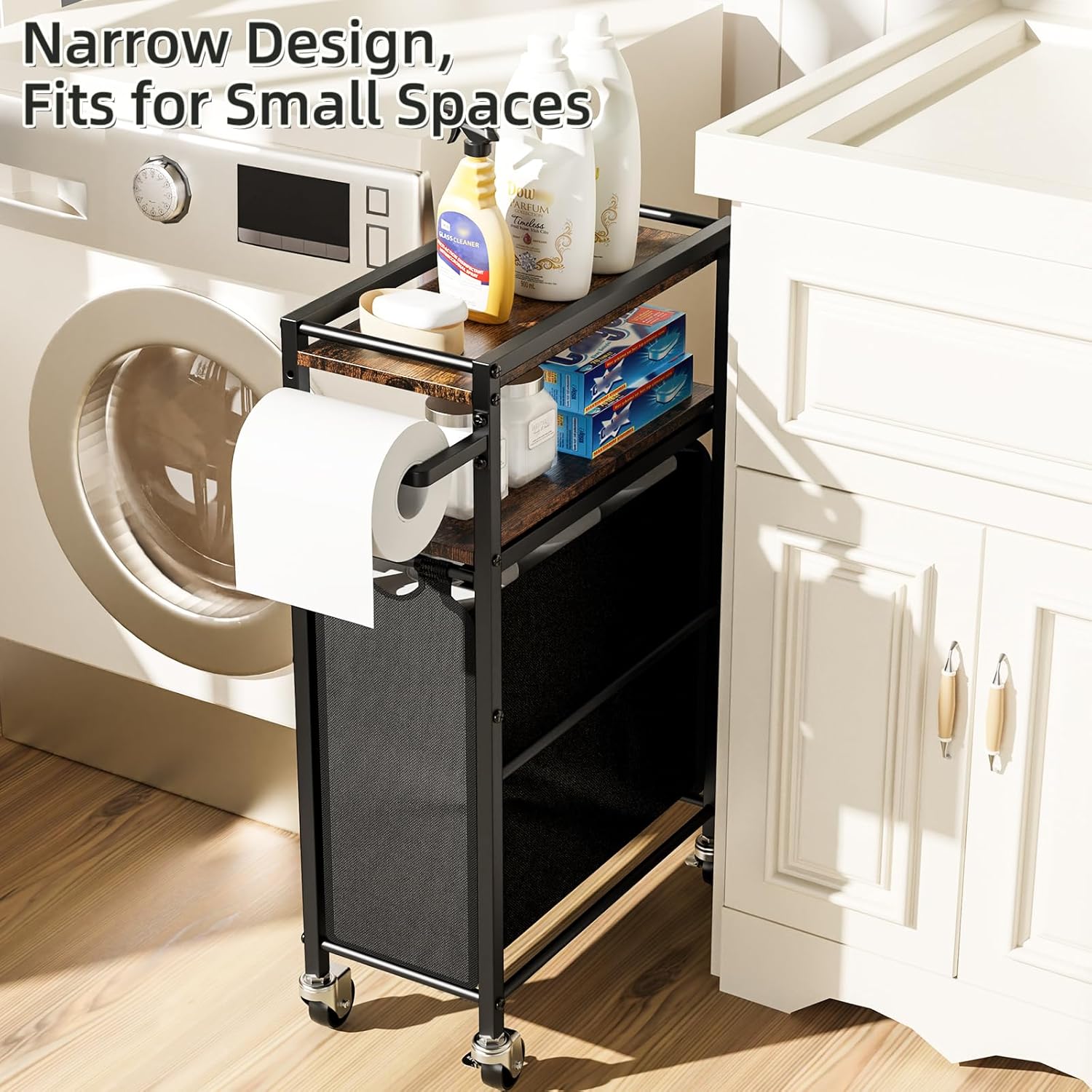 Toilet Paper Holder with Storage Bag & Wheels - Freestanding Bathroom Organizer Holds 9 Rolls for Small Spaces, Essentials Storage Beside Toilet-Brown