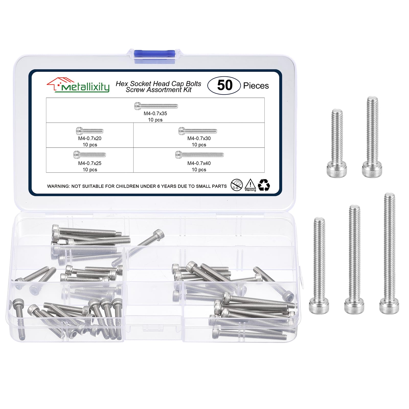 METALLIXITY Socket Head Cap Screws Kit (M4x20/25/30/35/40) 50Pcs, Stainless Steel Allen Socket Drive - Machine Internal Hex Screw, Silver โ image 1
