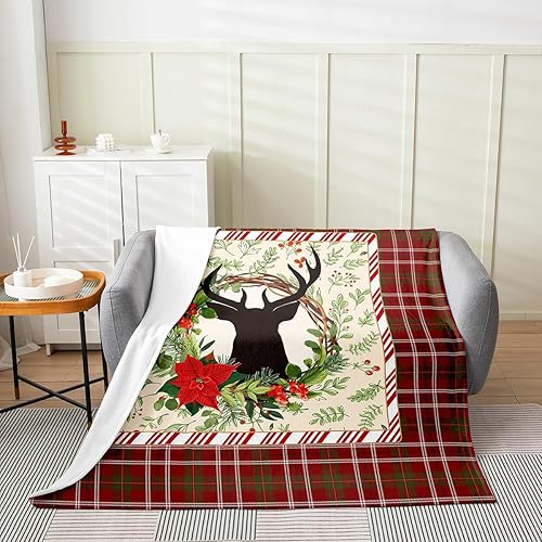 Miniatura 2 de Manta de forro polar de reno de Feliz Navidad, con cuernos de alce, manta de franela de flores rústicas para sofá, manta de estilo granja, manta a