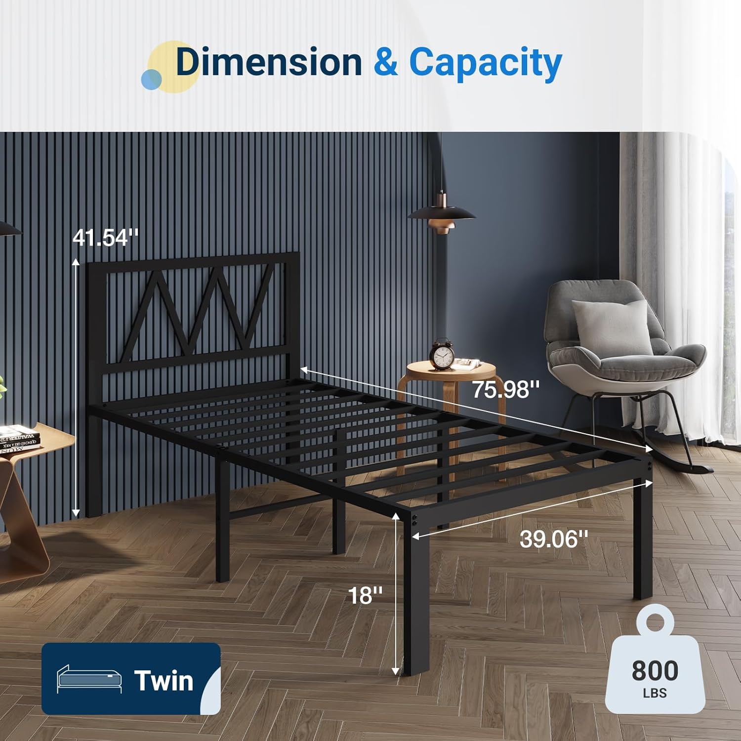 Avenco 18 Inch Twin Bed Frame with Headboard, Metal Platform Bed Frame, Twin Size Bed Frame No Box Spring Needed, Easy Assembly, Heavy Duty Slats Support, Black