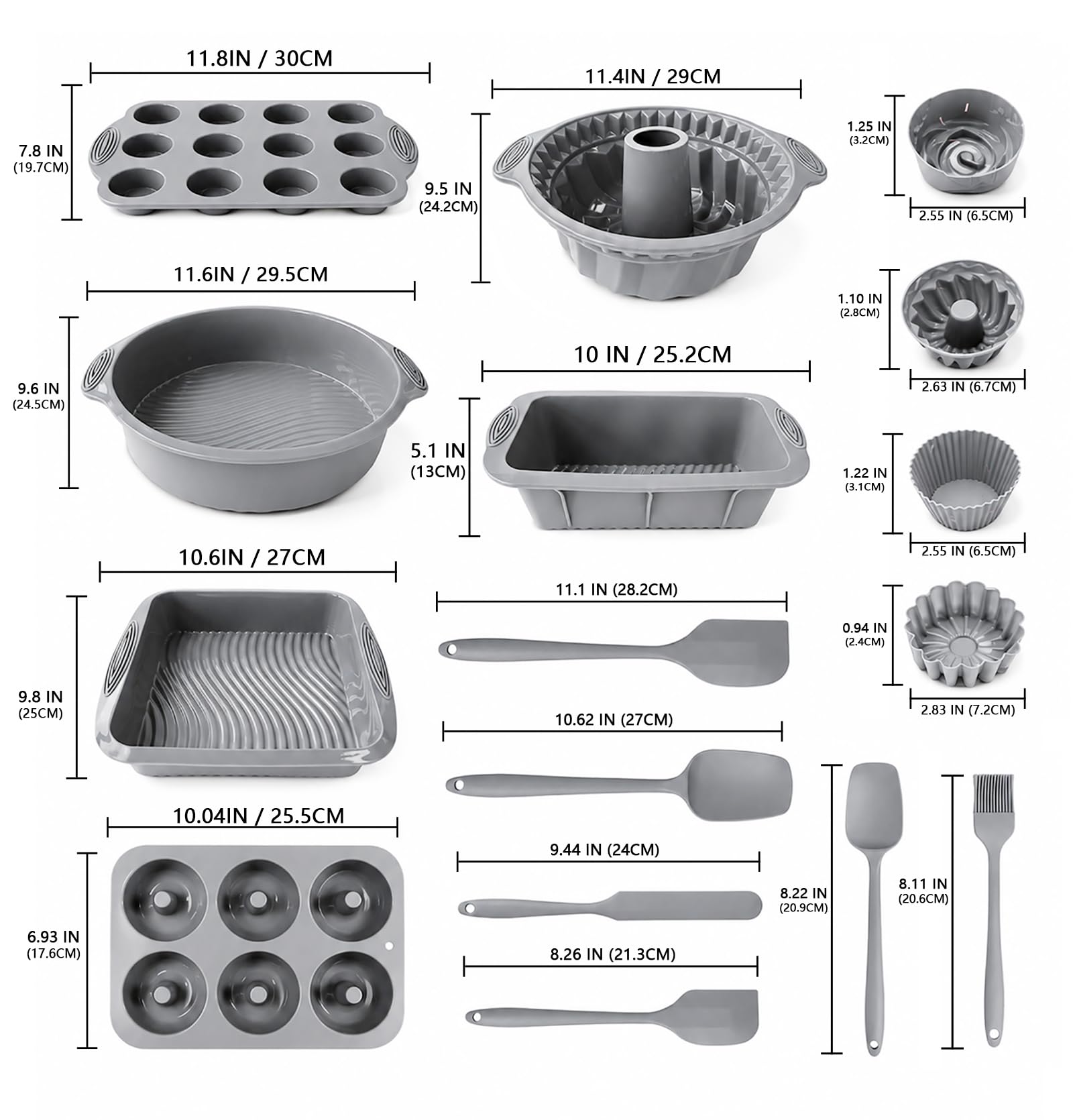 Lot de 6 moules de cuisson en silicone cannelés antiadhésifs réutilisables pour muffins, gâteaux, pain (gris clair)