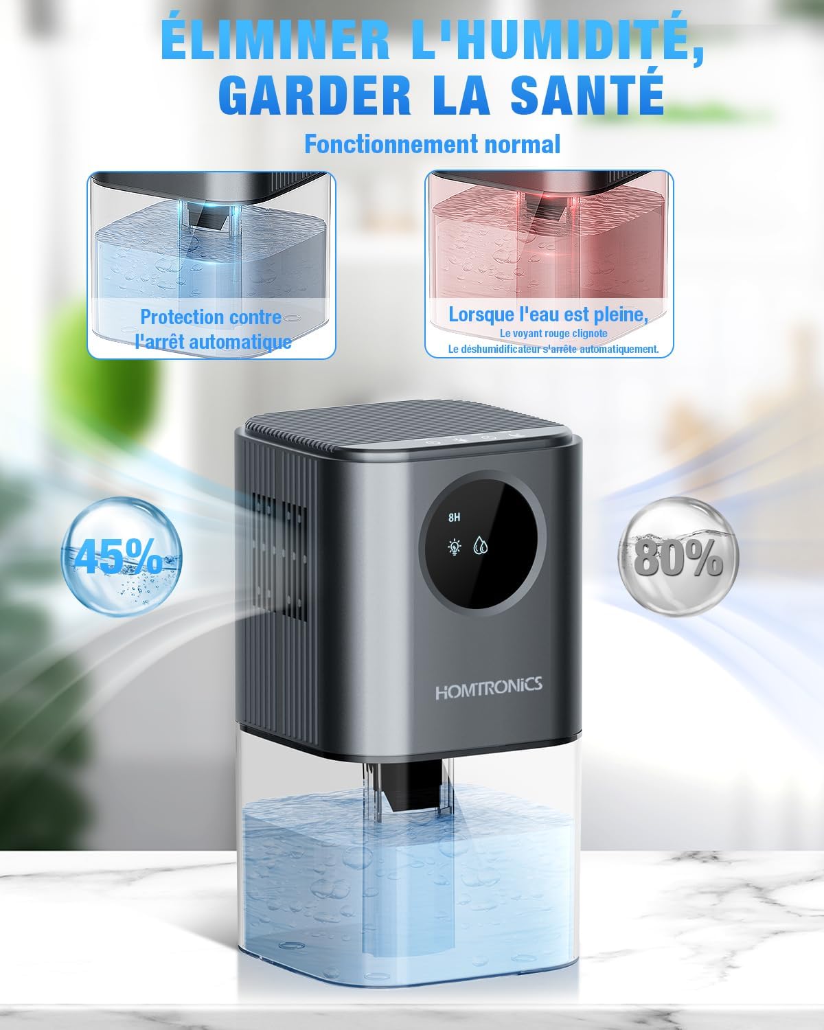 Homtronics Dehumidifier showing normal operation and auto-shutoff when water tank is full