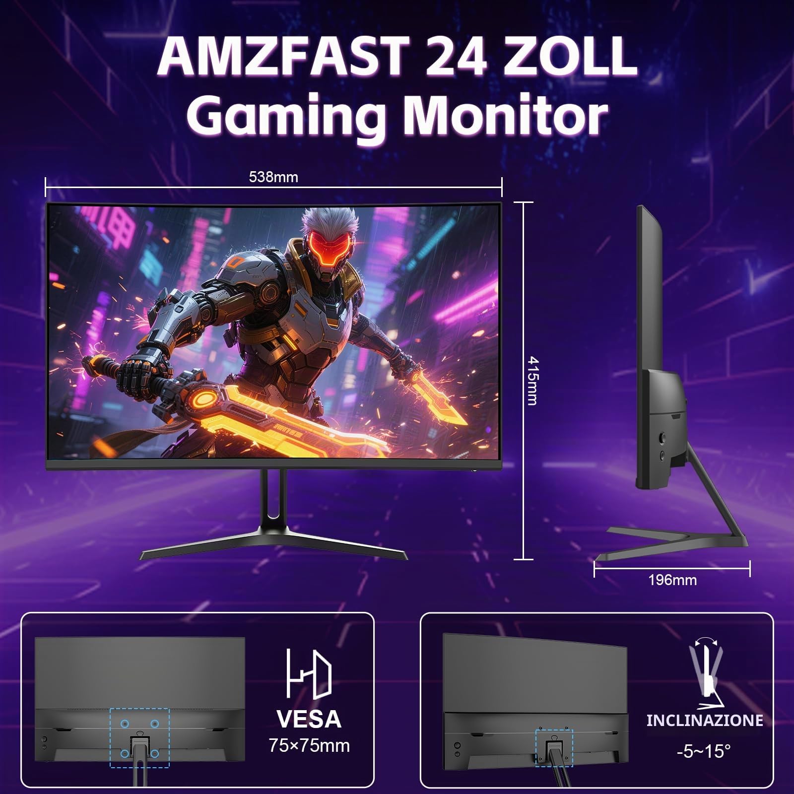 Amzfast Monitor Gaming, Schermo PC Gamer curvo 24 pollici - 240 Hz, FHD 1920 x 1080, sRGB 124% / DCI-P3 93%, 1 ms MPRT, anti-luce blu, adattatore Sync, VESA 75 x 75, AMZG24C1Pro