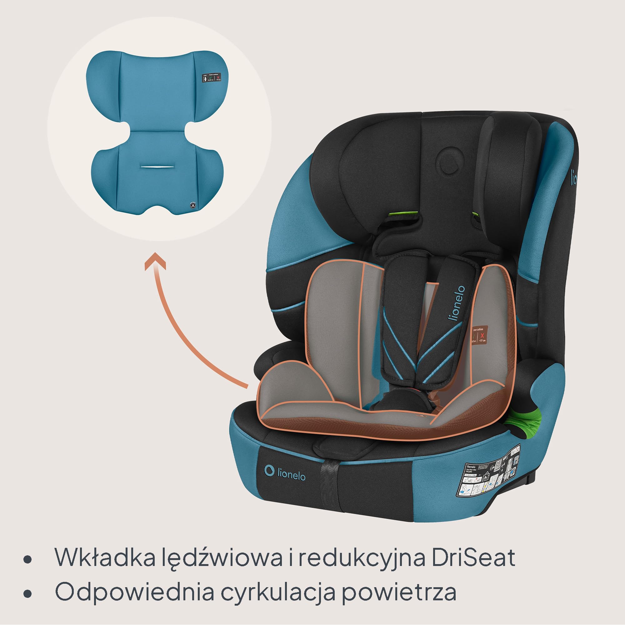 LIONELO LEVI FIX I-SIZE Dziecięcy Fotelik Samochodowy 76-150 cm do 36 kg, Grupa 1 2 3, Ochrona Boczna, 10 stopni Regulacji Zagłówka, Montaż ISOFIX i pas Top Tether, R129 i-Size