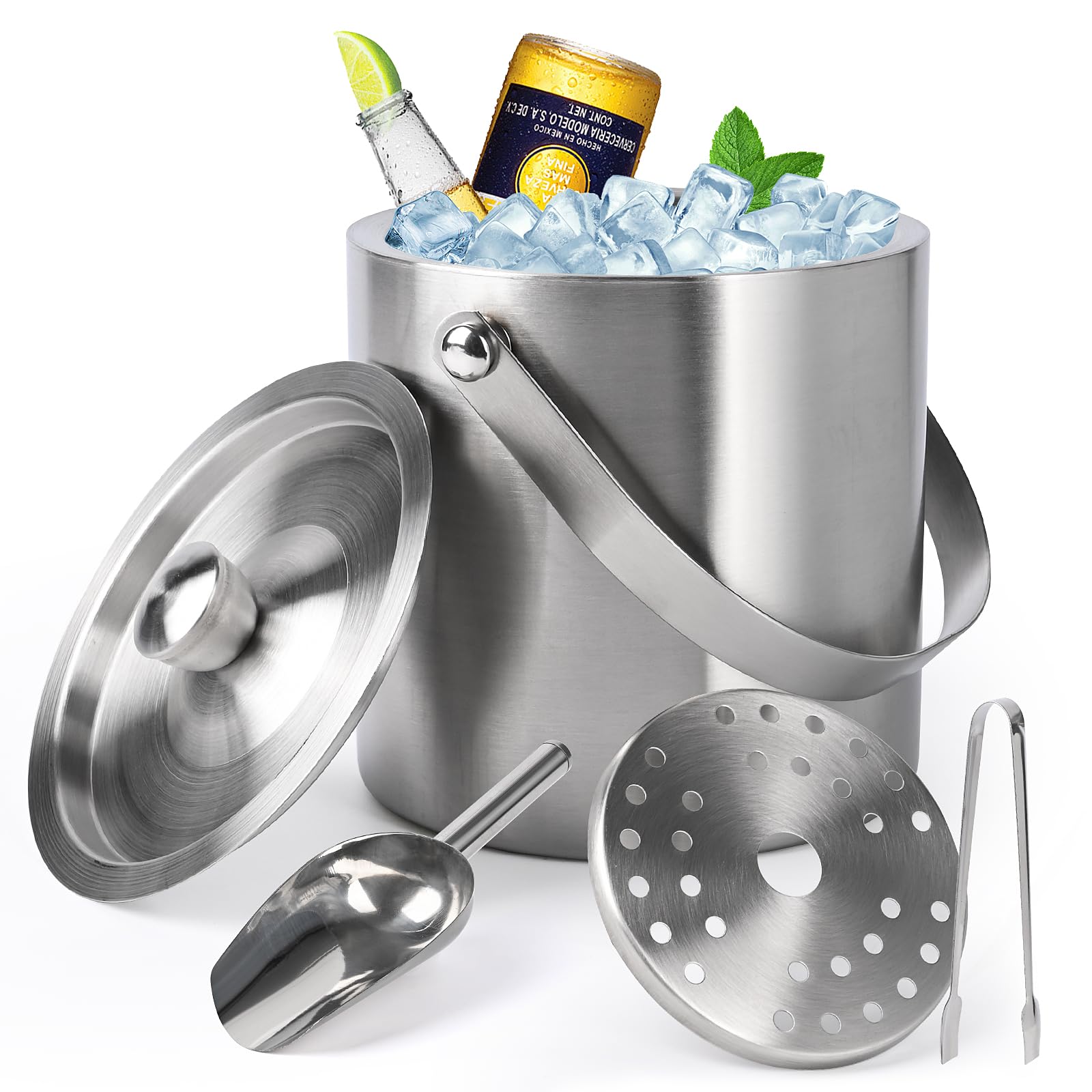 2L Récipient à Glaçons, Seau à Glace en Acier Inoxydable Isolé à Double Paroi avec Couvercle, Cuillère, Pinces et Passoire, Idéal pour Les Bars à Cocktails, Les Fêtes, Le Champagne