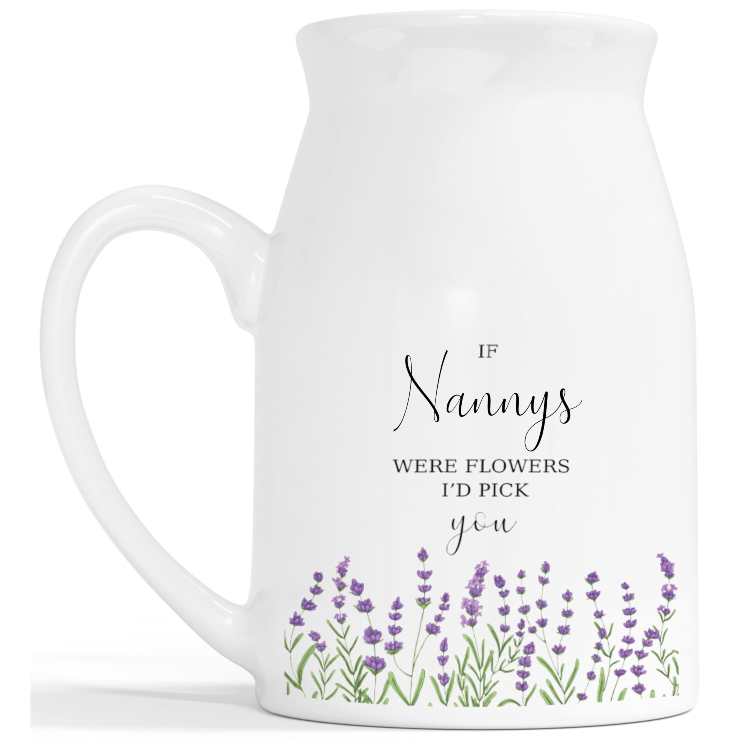 Personalised Flowers Milk Jug Vase - Were Flowers I'd Pick You Lavender Ceramic Customised Vase - Mothers Day Nanny Gran Mum Mom Mummy Grandmother Aunty Friend - White Vase 450ml