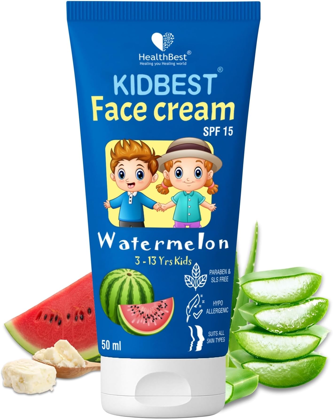 Kidbest Face Cream for Kids | SPF 15 | Safe for Sensitive Skin & Unscetened | Tear, Paraben, SLS free | Watermelon Flavor | 50ml