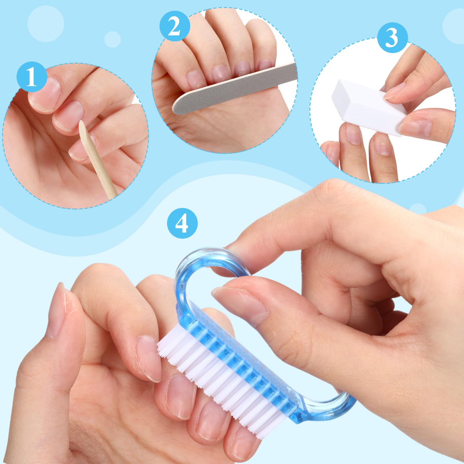 Set di 100 kit manicure usa e getta professionali basi, kit di 4 lime per unghie in legno grana 100/180, mini buffer grana 80/100, bastoncino di legno e pennello con impugnatura (blu)