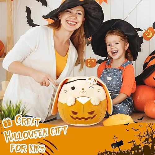 Miniatura 4 de SpecialYou Almohada de peluche de conejo de calavera de Halloween de 11.8 pulgadas, juguete de peluche de conejo de orejas de Jack-O-Lantern, regalo
