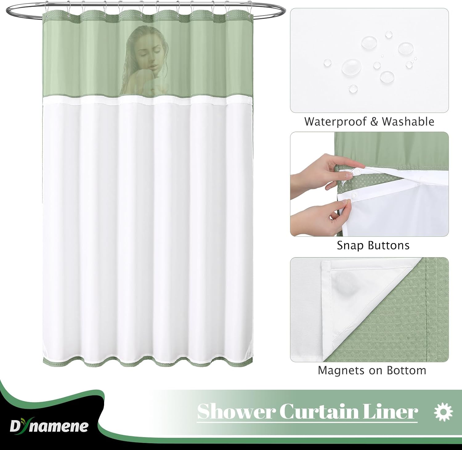 Dynamene Waffle Shower Curtain & Snap-in Fabric Liner Set Sage Green, 72x72