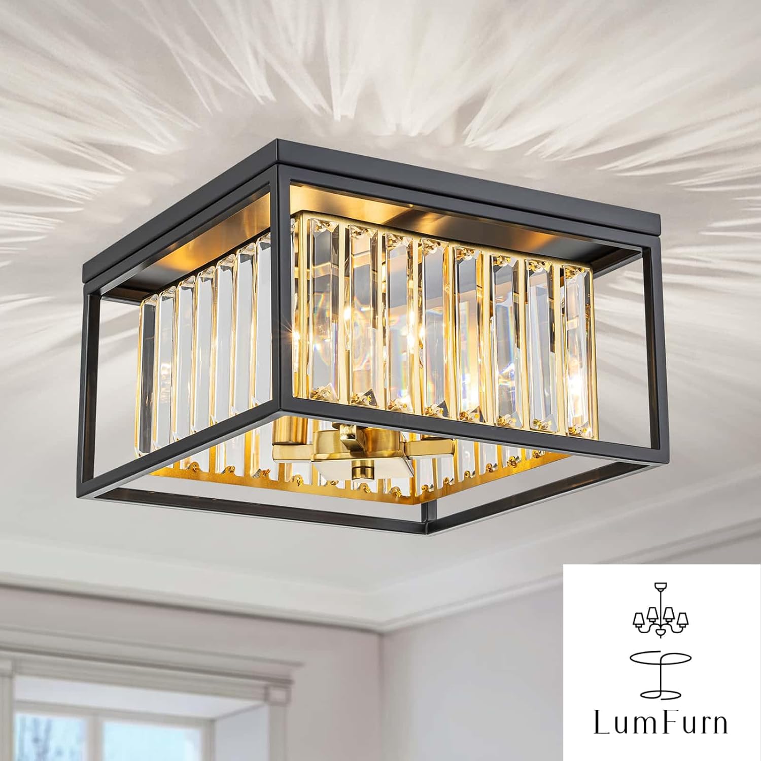 4-Lights Crystal Ceiling Light, 2-Tier Square Flushmount Light Fixture for Living Room, Foyer, Bedroom, L12 x W12 x H7, Brass & Gold Finish