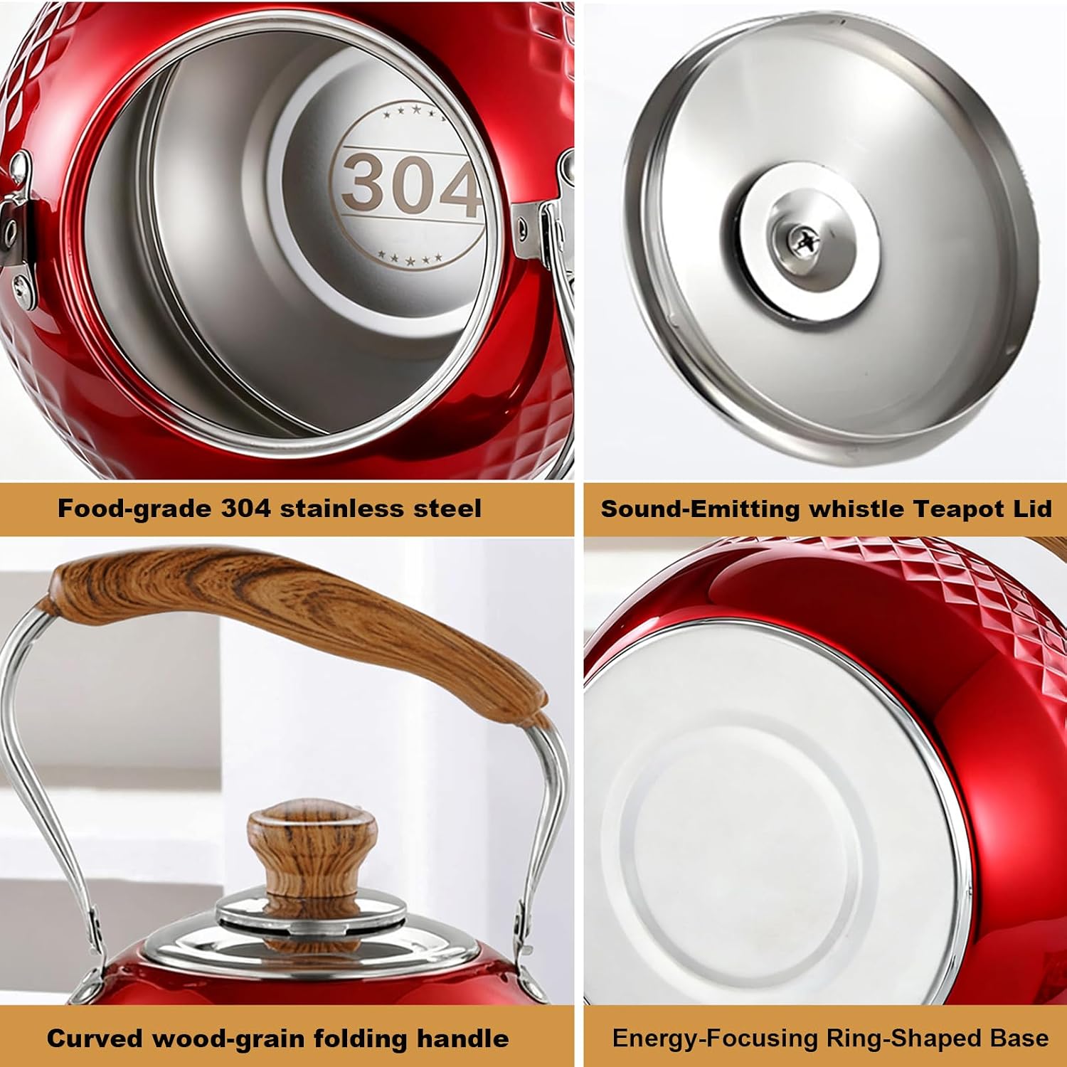 Whistling Tea Kettle Stovetop, Red Hammered Teakettle, 304 Stainless Steel Tea Pot, Loud Whistle Teapot for Coffee, Milk 3.2 Quart / 3 Liter(Red)