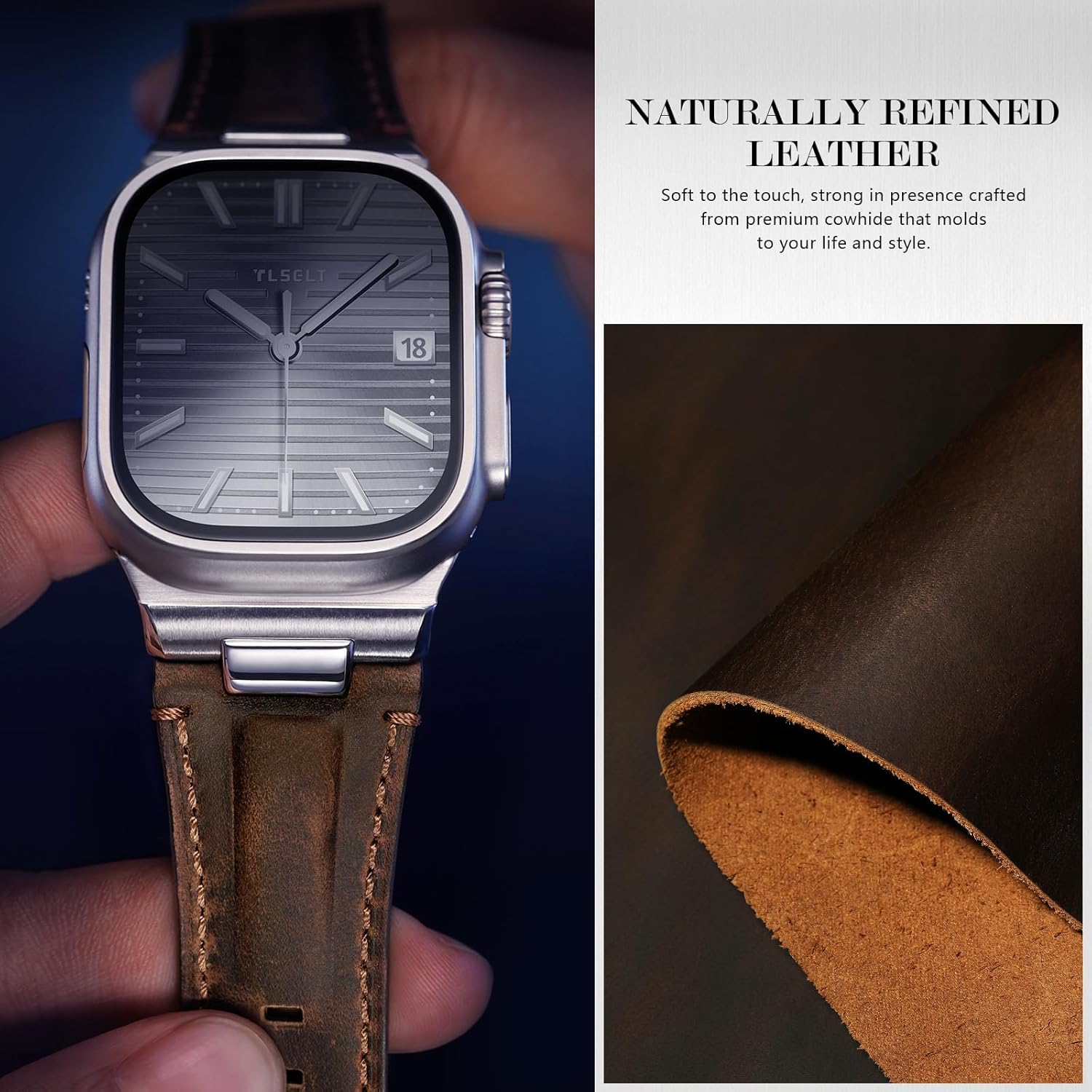 Leather Band for Apple Watch Ultra 3/Ultra 2 Bands 49mm 46mm 45mm 44mm, Top Genuine Leather Designer Replacement Strap for iWatch Ultra 3 2 1 SE series 11 10 9 8 7 6 5 4 3 - Image 5