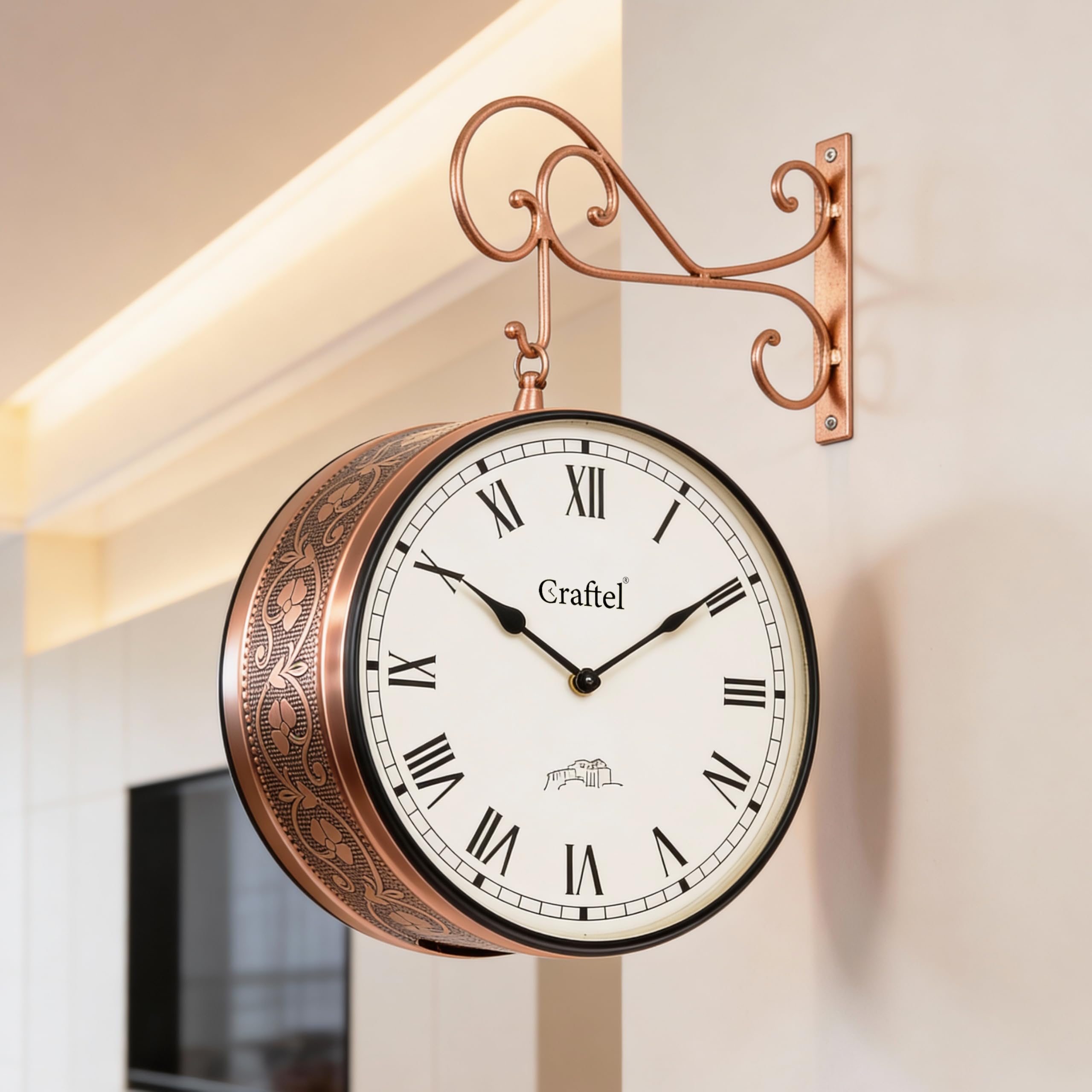 CRAFTEL Double Sided Station Wall Clock Multi-Layer Electroplated | Both Side Roman Numerals | Aluminum Matte-Finish Dial Brass Body | Dial - 10 Inches, Rose Gold | 365 Days Warranty
