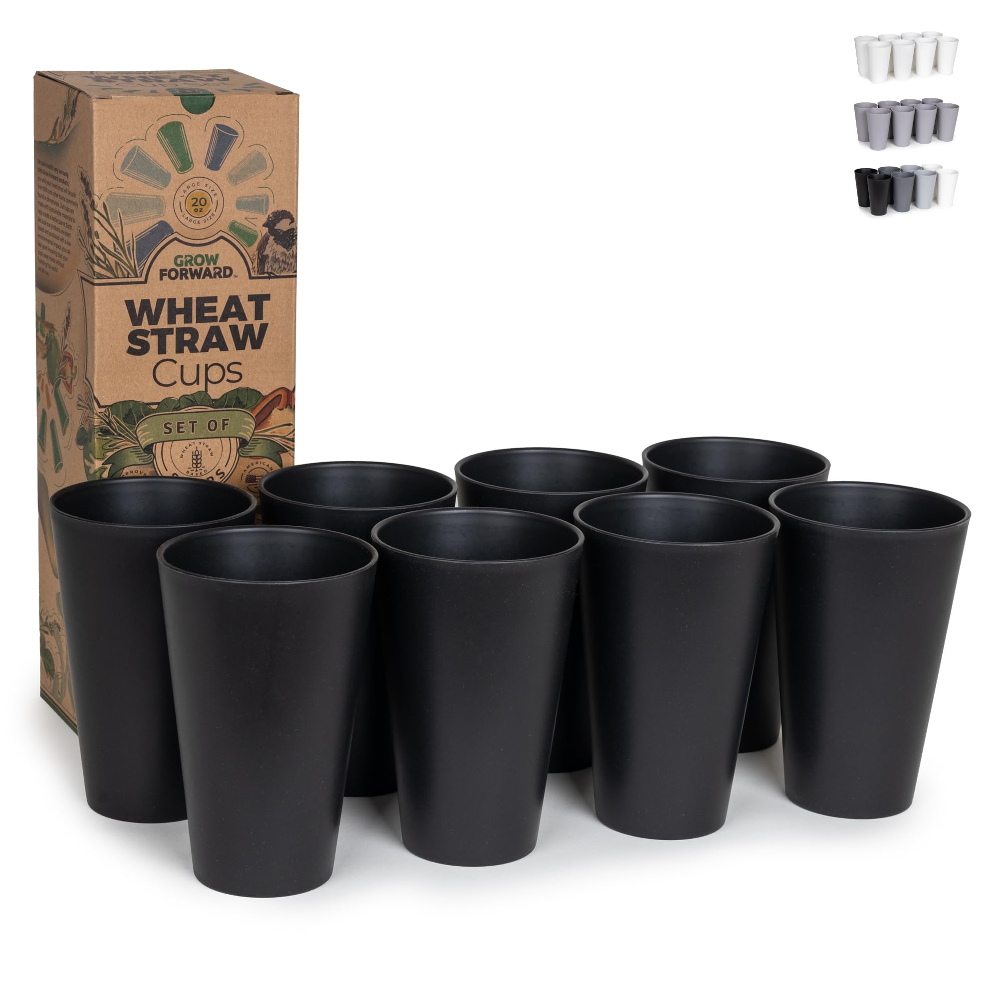 grow forward premium wheat straw cups - 20 oz reusable plastic cups set of 8 - unbreakable bpa free hard plastic drinking glasses for water, camping, rv - large tumbler cups for kitchen - midnight