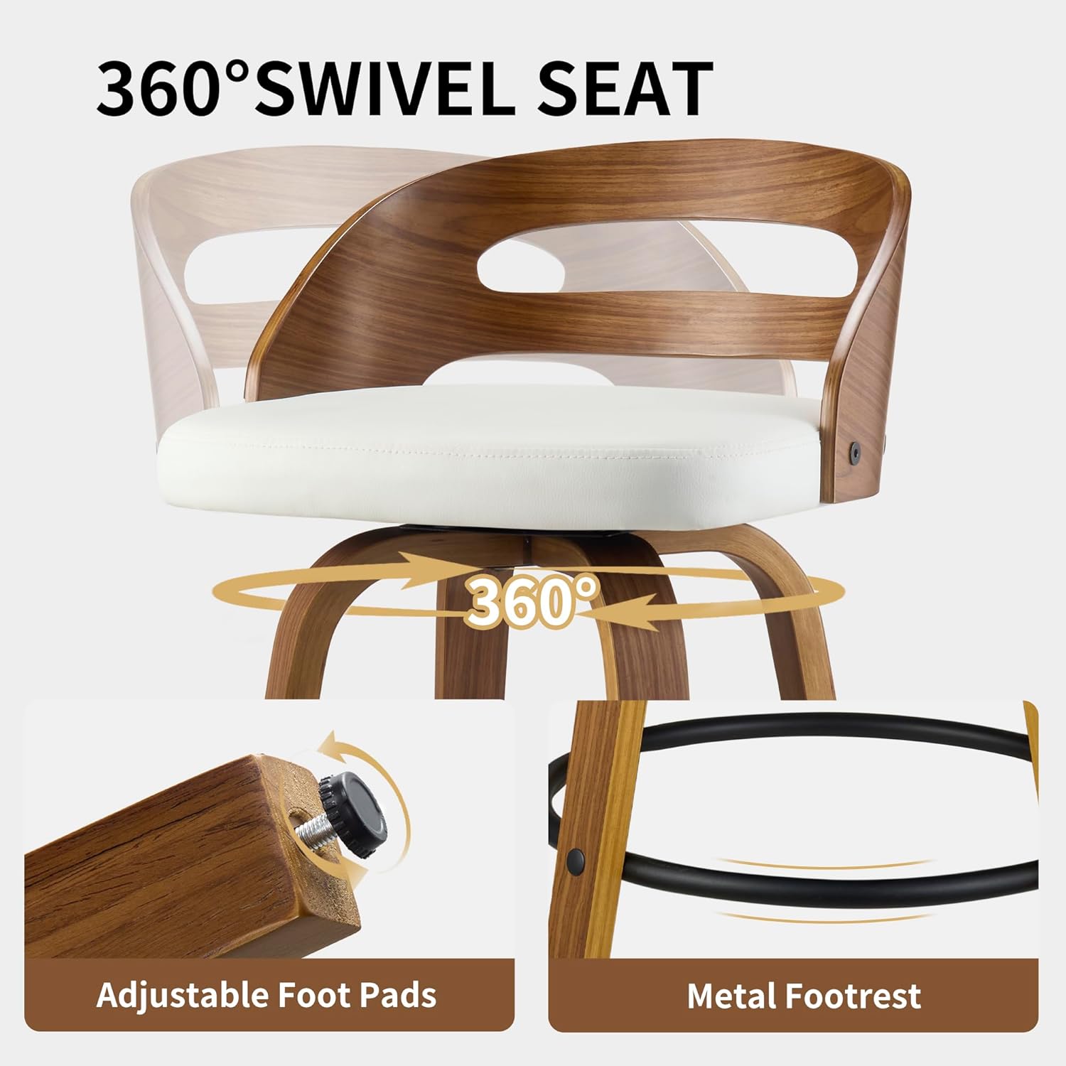 VipDesk 26" Swivel Bar Stools Set of 2, Mid-Century Modern Counter Height Chairs with Beige PU Leather, Curved Backrest & Footrest for Kitchen Island, Home Bar, Dining Room