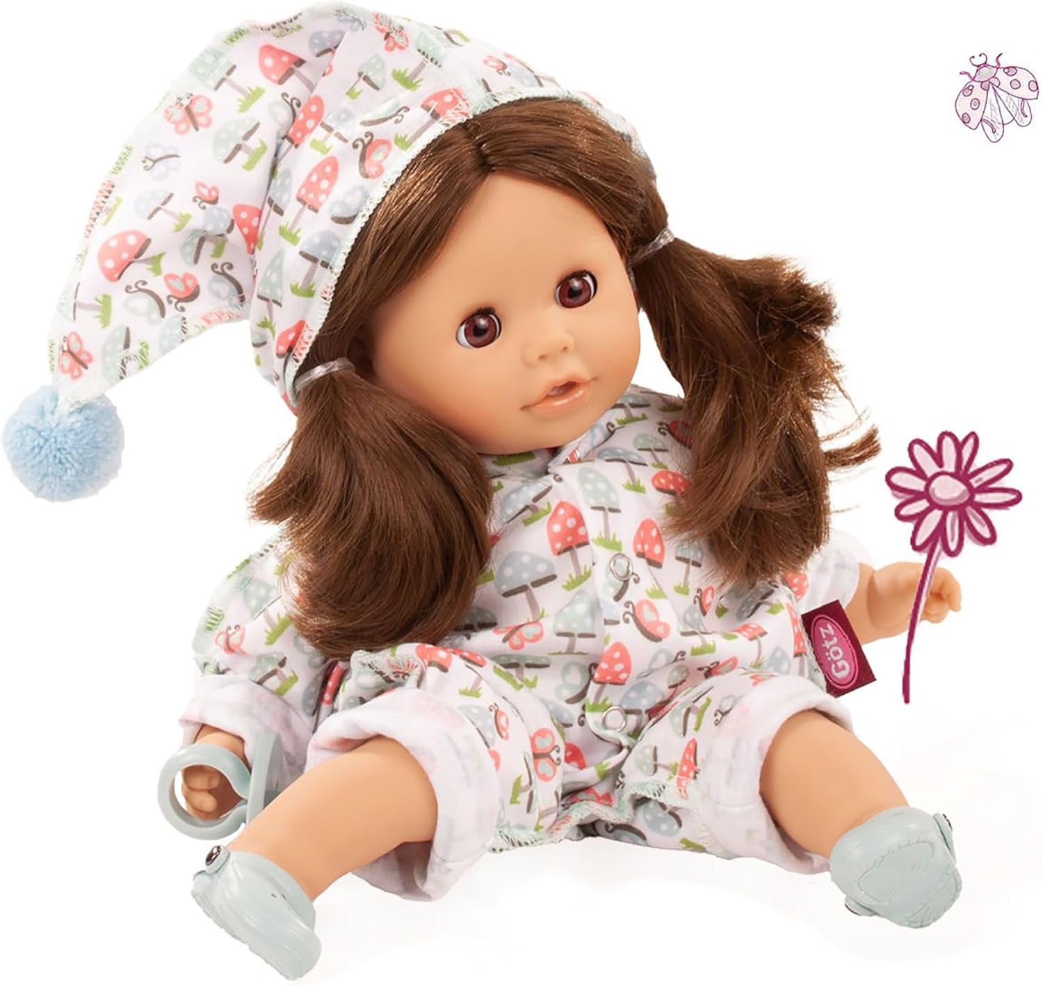 Gotz Cosy Aquini 13" Lucky Mushroom - Soft Cloth Brunette Bath Baby Doll with Brown Sleeping Eyes