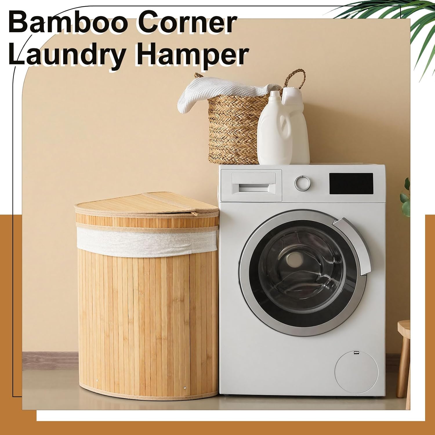 Gueevin Corner Laundry Hamper with Lid and 2 Removable Cloth Liners Bamboo Laundry Basket Collapsible Clothes Basket Bin for Bedroom Bathroom Living Room (Wood,14 x 14 x 24.5 inches)