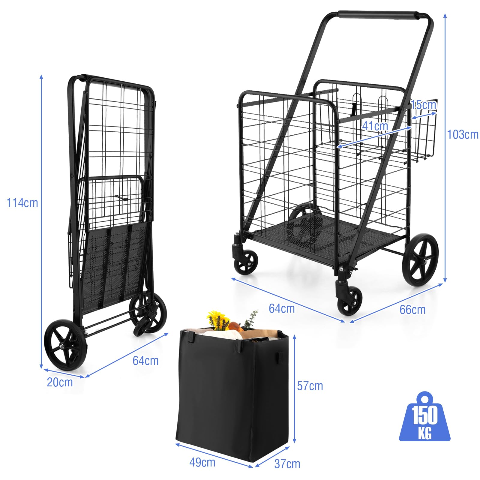 GYMAX Carrello Porta Spesa, Carico 100 kg, 100+22 L, 4 Ruote (2 Ruote Universali), Trolley Pieghevole, in Metallo, 64 x 66 x 103 cm (Nero con Borsa)