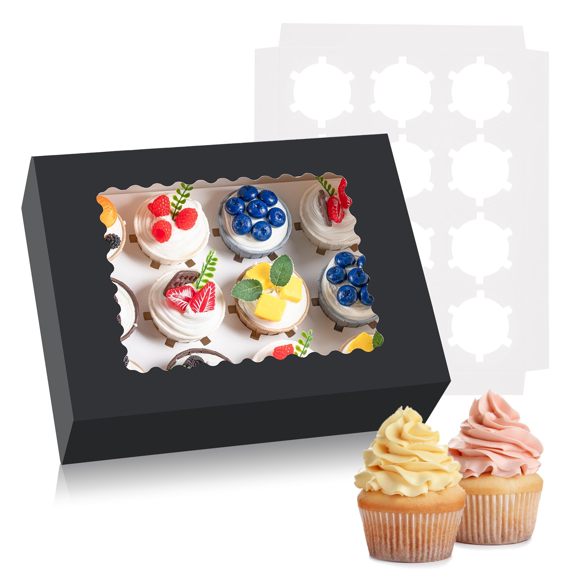 Hoewina 12PCS Cupcake Boxes - Hold 12 Count Cupcake Containers with Window, Food Grade Cupcake Holder Easy Transport and Presentation - Ideal for Cupcakes, Desserts, and More (Black)