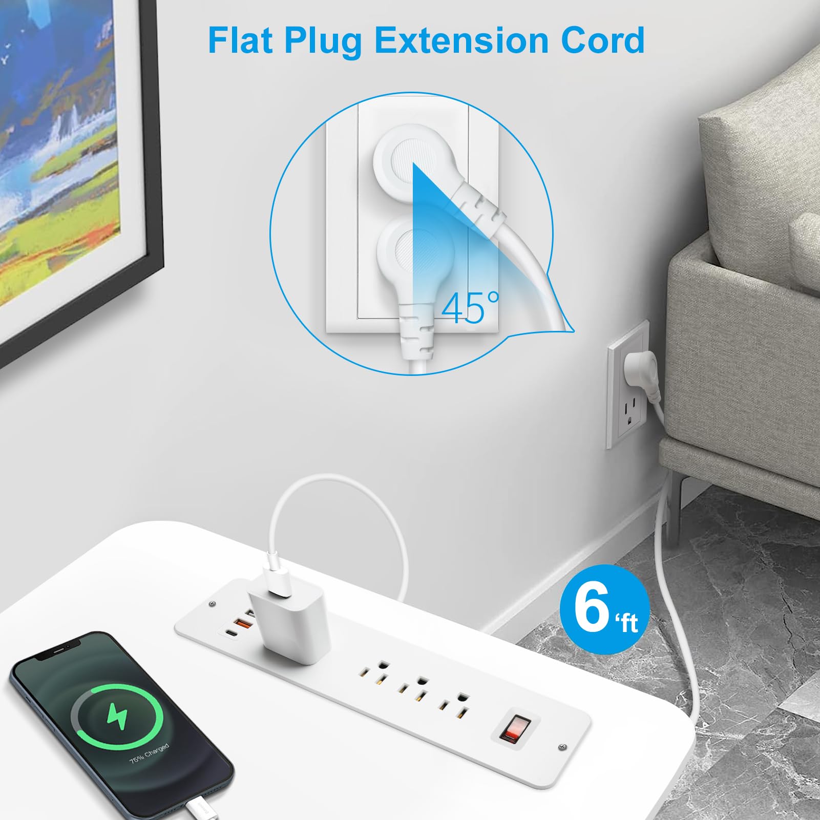 Regleta Multicontactos USB C 20W Alargador Doble Cara Eléctrica 8 Contactos 4 USB para Escritorio, Sofá, Consola, Cajón, Oficina, Armario