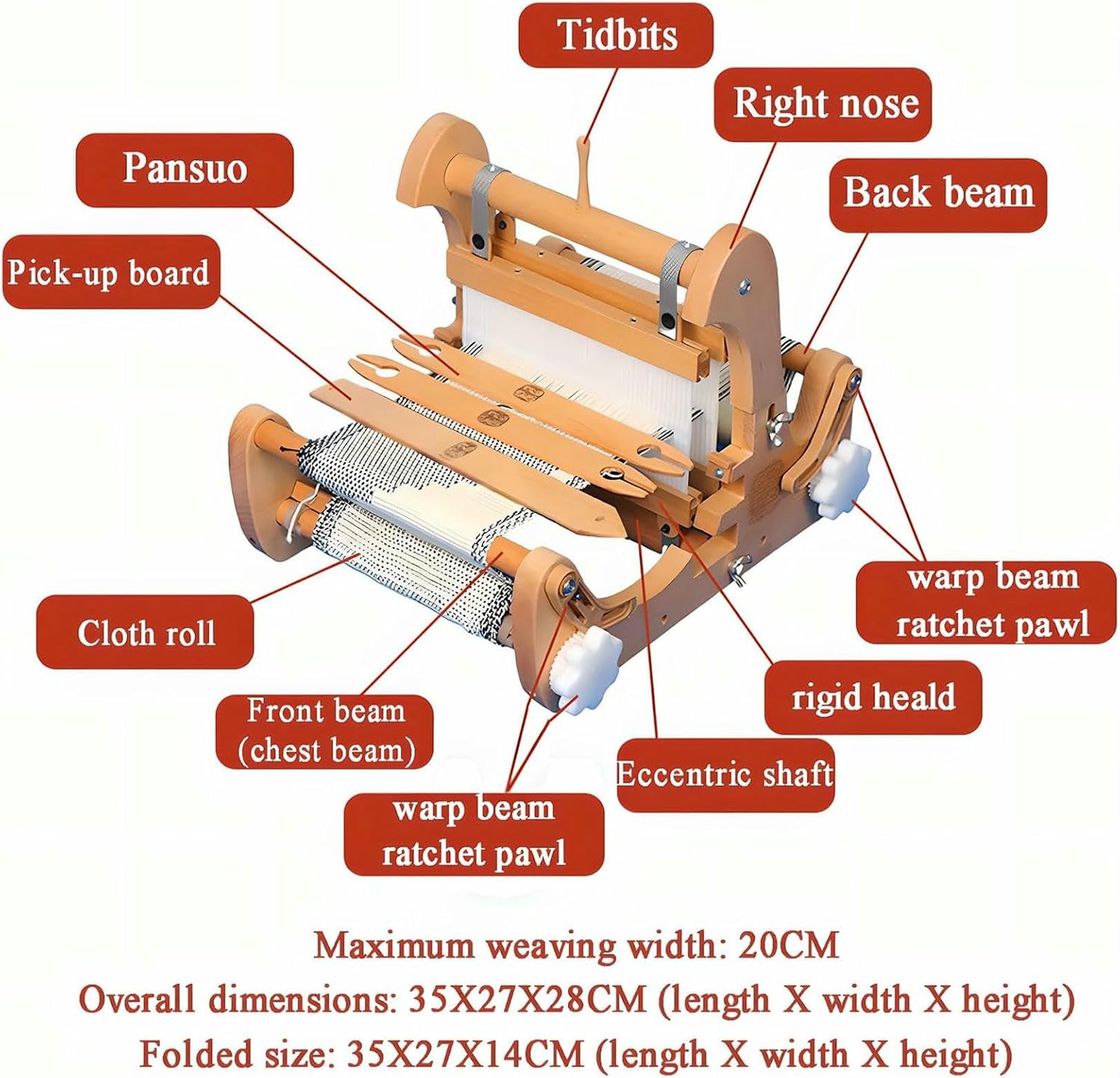 Tischwebstuhl aus Holz, faltbares Handstrick-Webmaschinen-Set mit maximaler Webbreite von 20 cm, Webrahmen-Webstuhl mit 4 Arten von Starren Litzen, für Anfänger, Kunsthandwerker