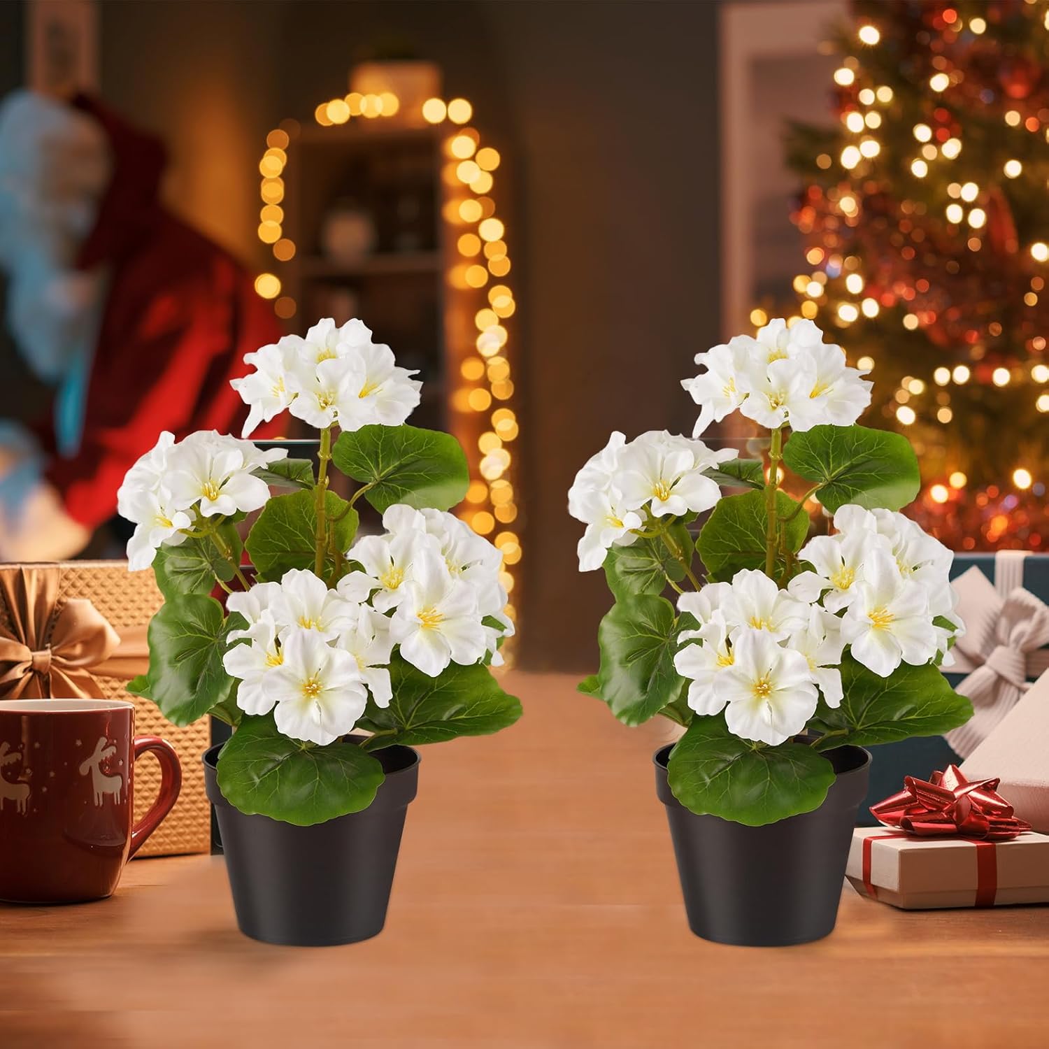 2 Pack Artificial Geranium Flowers Small 13 Inch Faux Flowers Spring Summer Decoration Fake Flowers for Home Office Table Decorations Indoor (White)