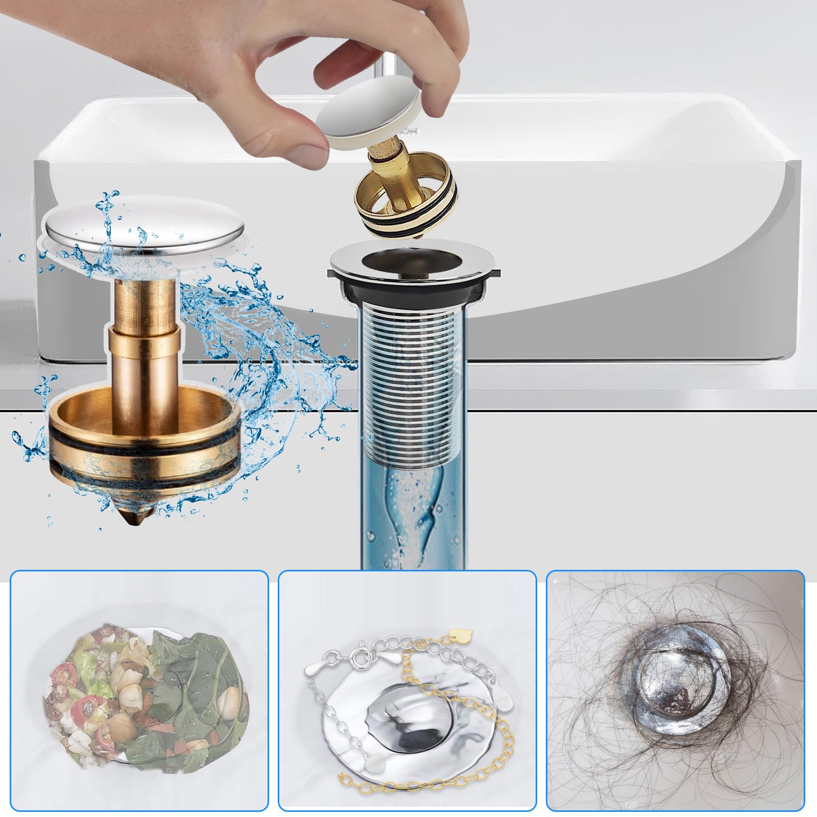 Kit de tubo de drenaje para fregadero, drenaje para fregadero de baño con cesta coladora, recogedor de pelo y tapón emergente, tubo de drenaje flexible para fregadero, trampa P, adecuado para desagües