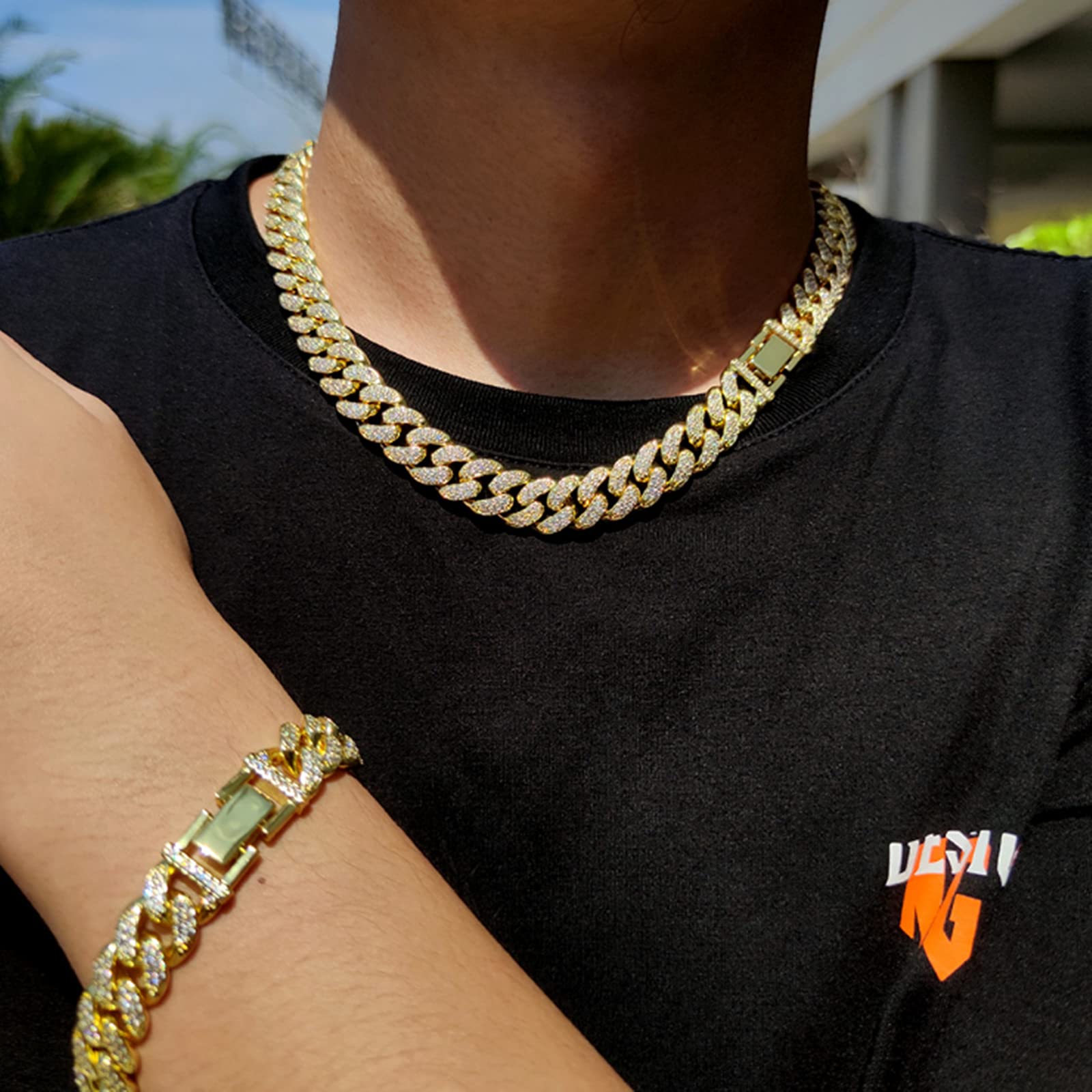 Men Hip Hop Cuban Chain Necklace Paved Rhinestone Bling Ice out Necklace for Men Cuban Link Chain Jewelry Present