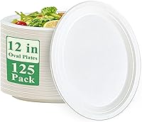Vplus 12 Inch Compostable Oval Paper Plates 125 Pack - Heavy Duty Bagasse Sugarcane Biodegradable Eco-Friendly for BBQs & Parties