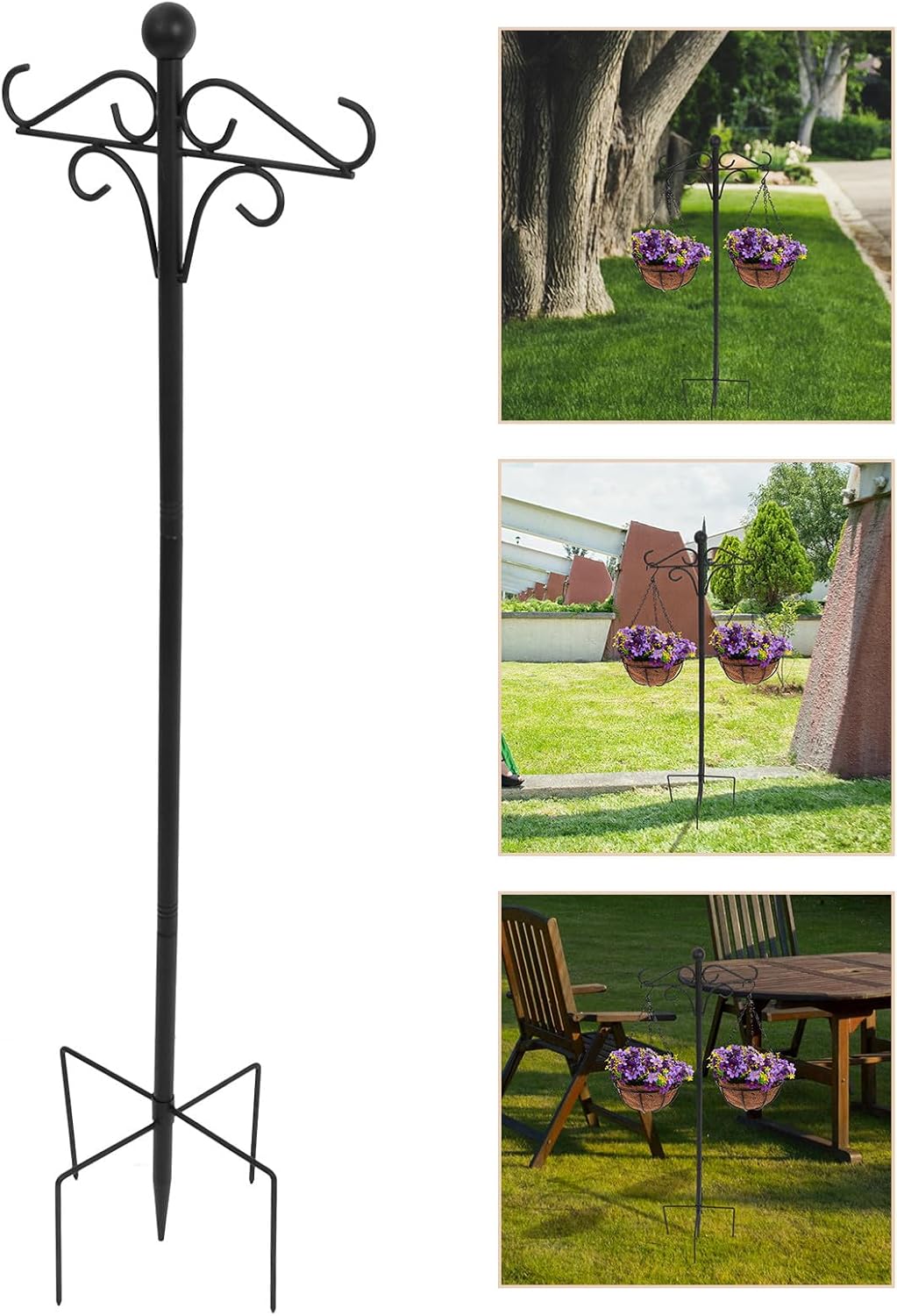 DECHOUS 46-inch Black Shepherd Hooks for Outdoor Yard with 5-Prong Base, Heavy Duty Garden Pole for Hanging Plants, Bird Feeders, Solar Lanterns, and Wind Chimes
