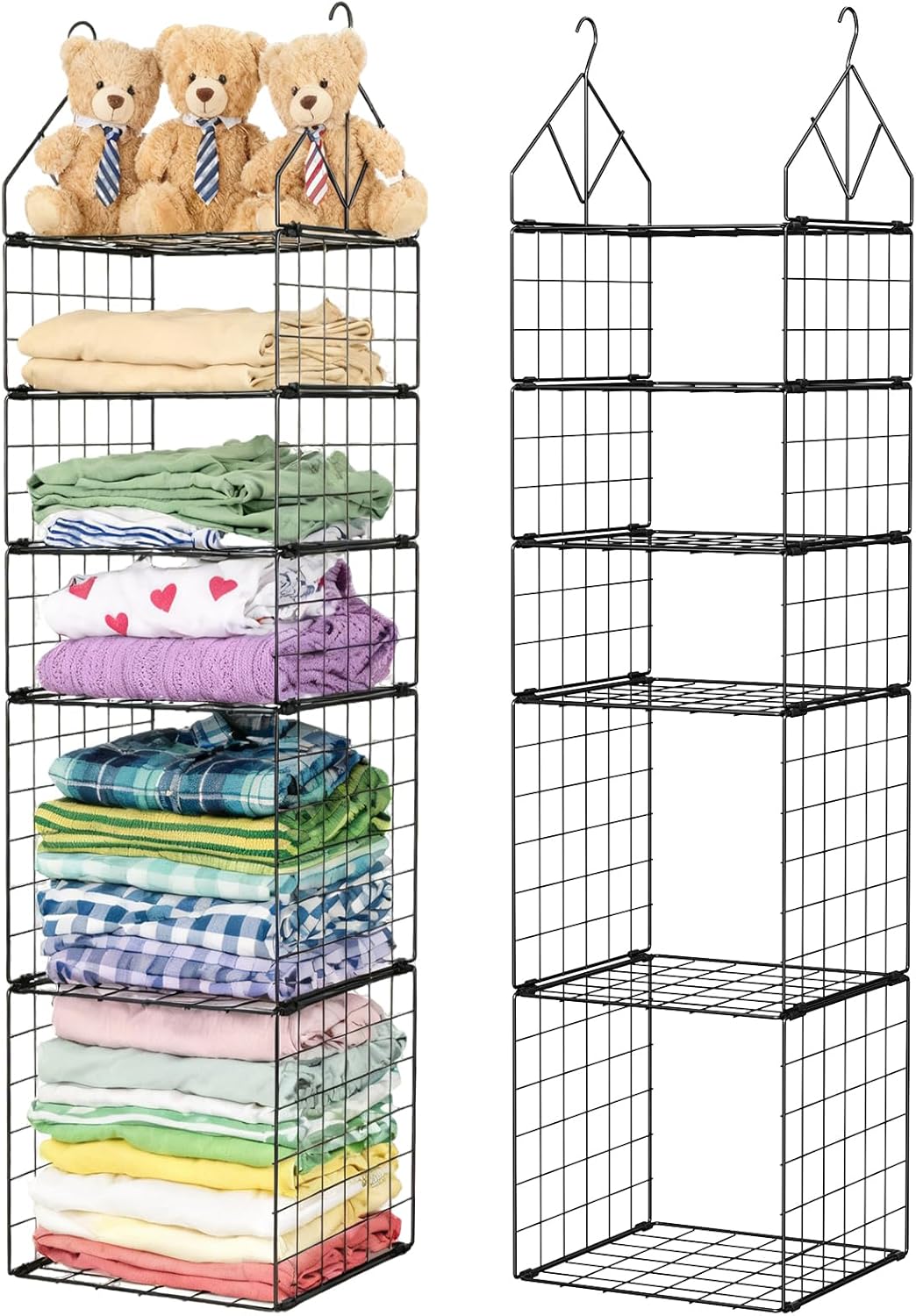2 Pack Hanging Closet Organizer, 5 Tier Stackable Closet Organizer Foldable Closet Organizers and Storage Hanging Shelves with Hanging Hooks for Closet Clothing Sweaters Pants Shoes Handbags