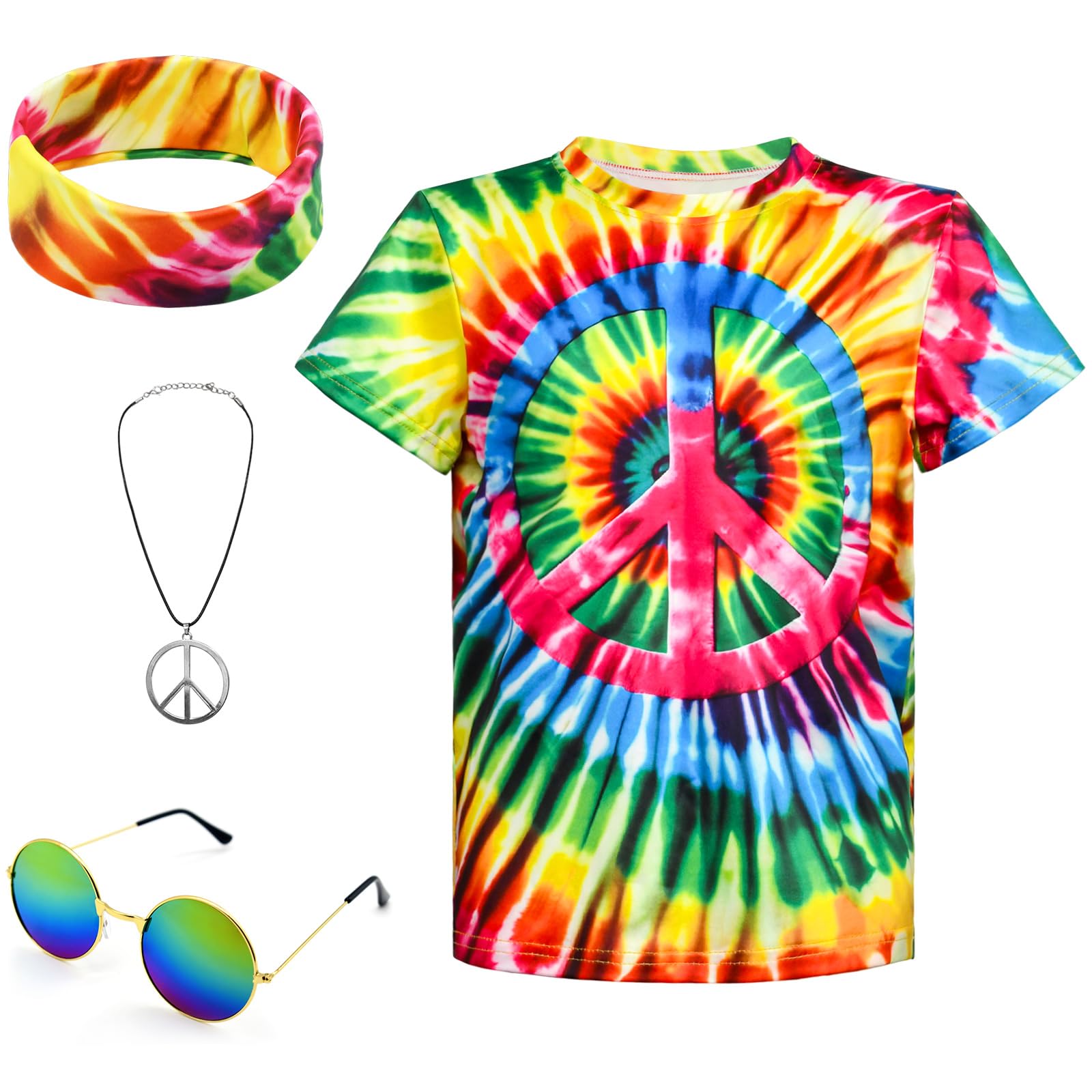 Boys Hippie Costume 60s 70s Colorful Tie Dye T-Shirt 4pcs Accessory Set for Children, blue red, 9-10 Jahre