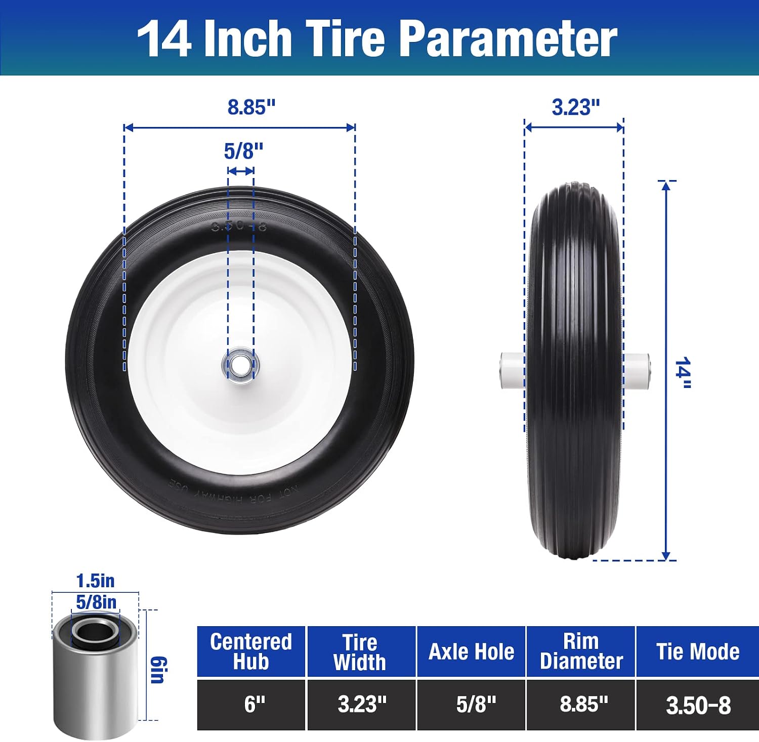 BAIVE BW 3.50/3.50-8" Flat Free, 14 inch 5/8" Bearings Air Less Tires with 6" Iron Hub, Universal Hand Truck Solid Pneumatic Trailer Wheelbarrow Tire, Wagon Garden Cart Tire, Ribbed Tread