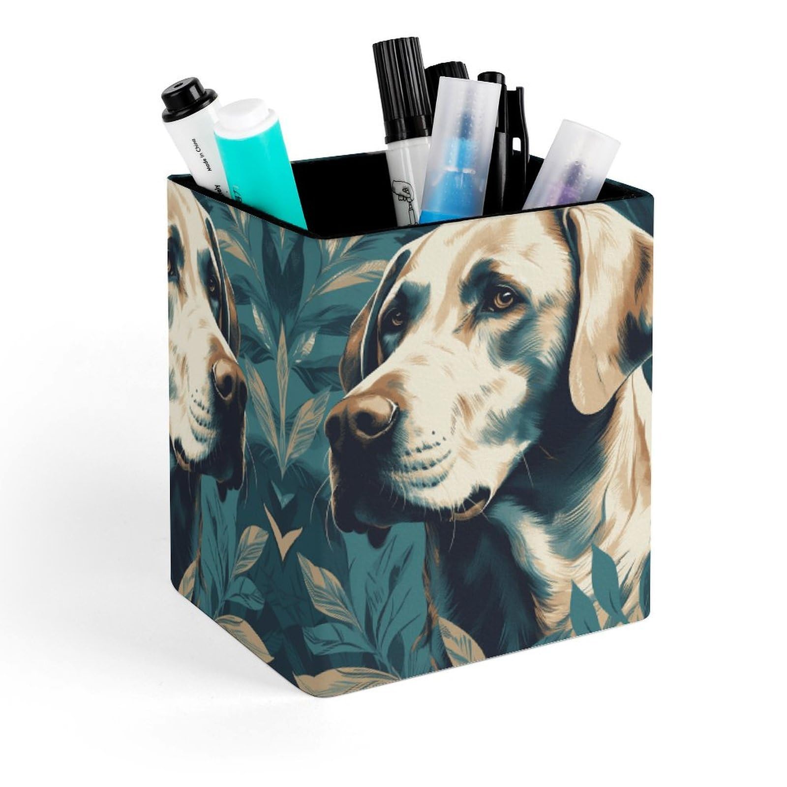FekiLoot Dog in Leaves Pencil Holder Square Leather Pen Holder Cup Modern Multi-Functional Pencil Cup Holder Decorative Desk Organizer Caddy Makeup Brush Holders for Desk Office