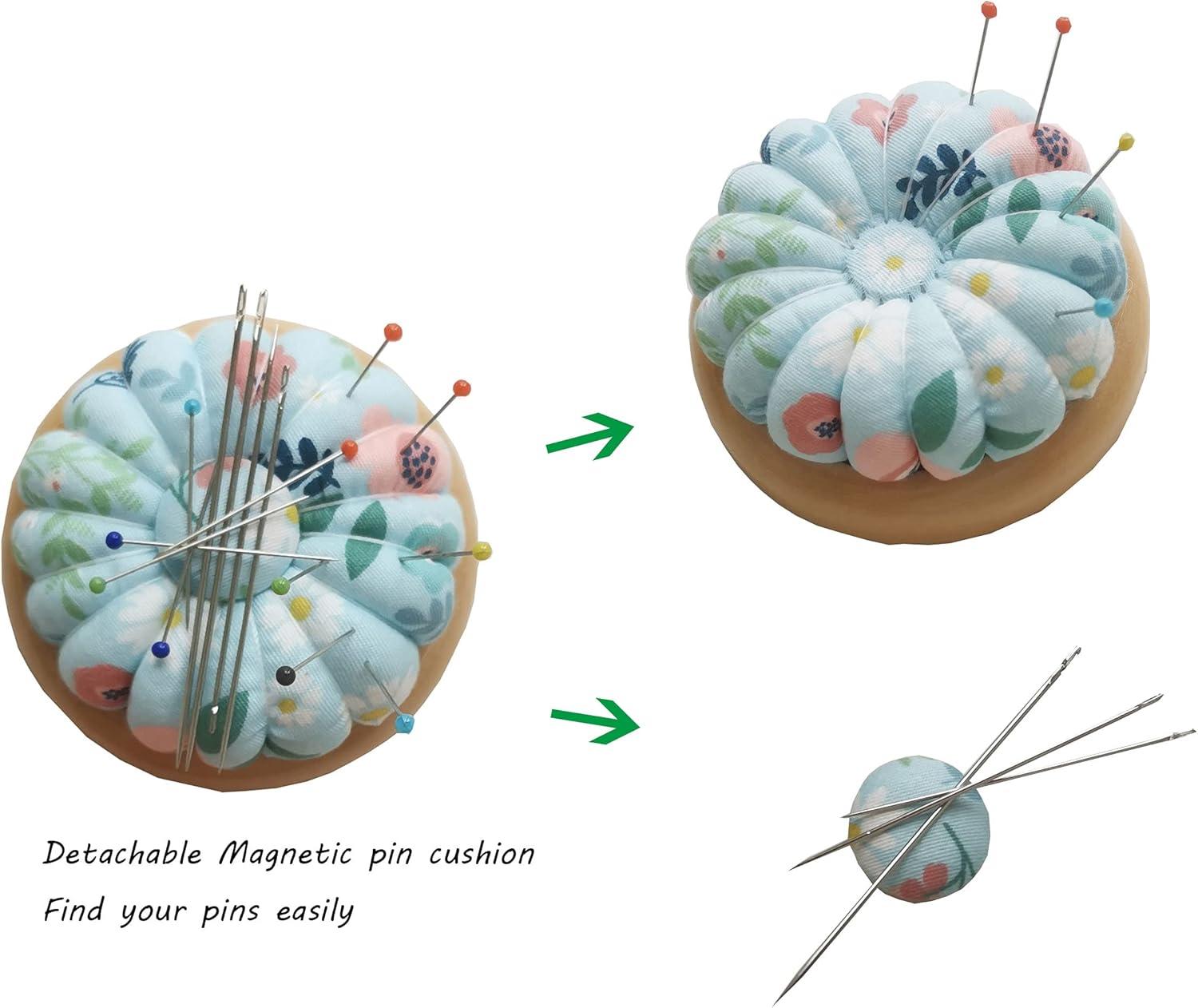 NC Wood Base Needle Pin Cushion Kits Include Wooden Magnetic Pincushion Round Wearable Wrist Pincushion with Wooden Needle Case Cute Pumpkin Band Pin Cushion with Hand Sewing Needles for Needlework