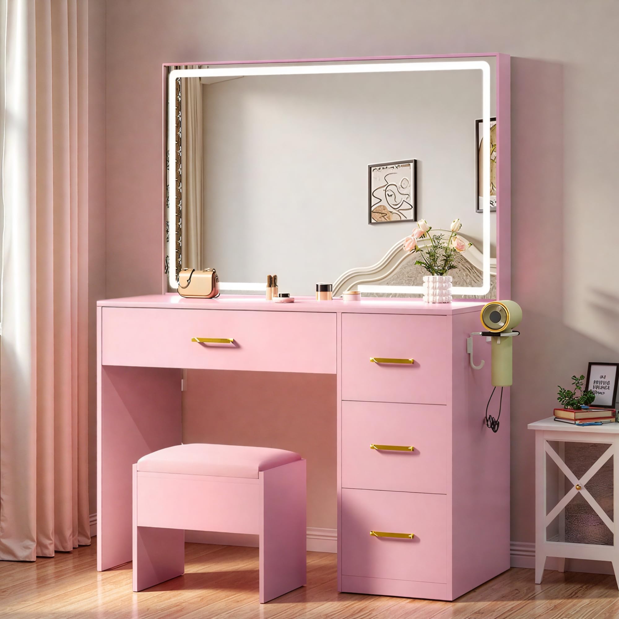 YITAHOME Makeup Vanity Desk with LED Lights: 35" Large Mirror with Power Outlets, 4 Drawers & Stool, Adjustable Lighting Dressing Table for Women Pink