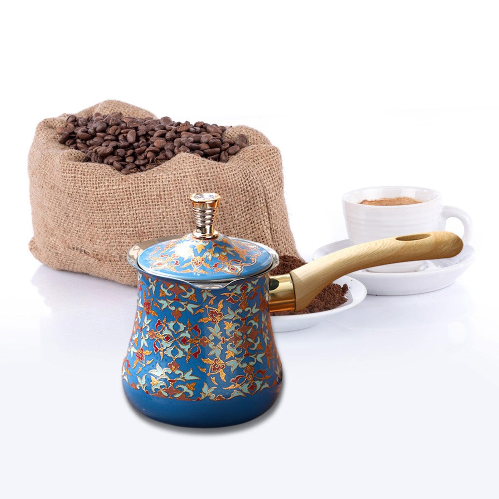 Edelstahl Induktionskanne Mokkakanne Türkische Kaffeekanne, Gießkanne mit Deckel und Ausguss, hitzebeständig, Türkische Kaffeekanne für Zuhause, Café, Restaurant, Camping, Blau Muster 550 ML