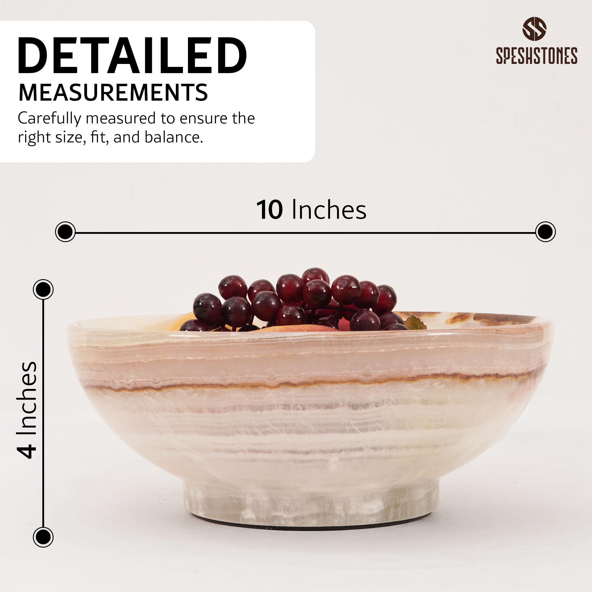 SPESHSTONES Ciotola per frutta in marmo da 25,4 cm in onice bianco fatto a mano, piatto decorativo per frutta, snack e bancone da cucina, ideale per sala da pranzo e decorazione di
