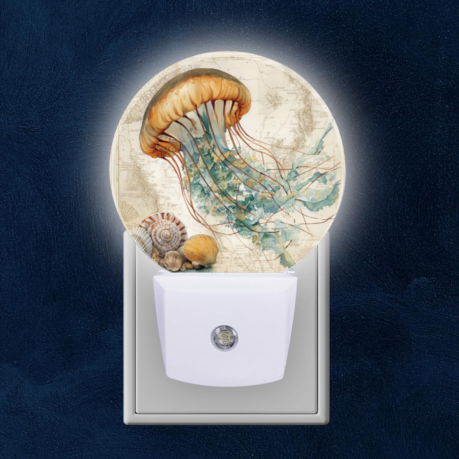 Round LED Night Lights Lamp with Dusk to Dawn Sensor Ocean Themed Night Light with Watercolor Jellyfish Vintage