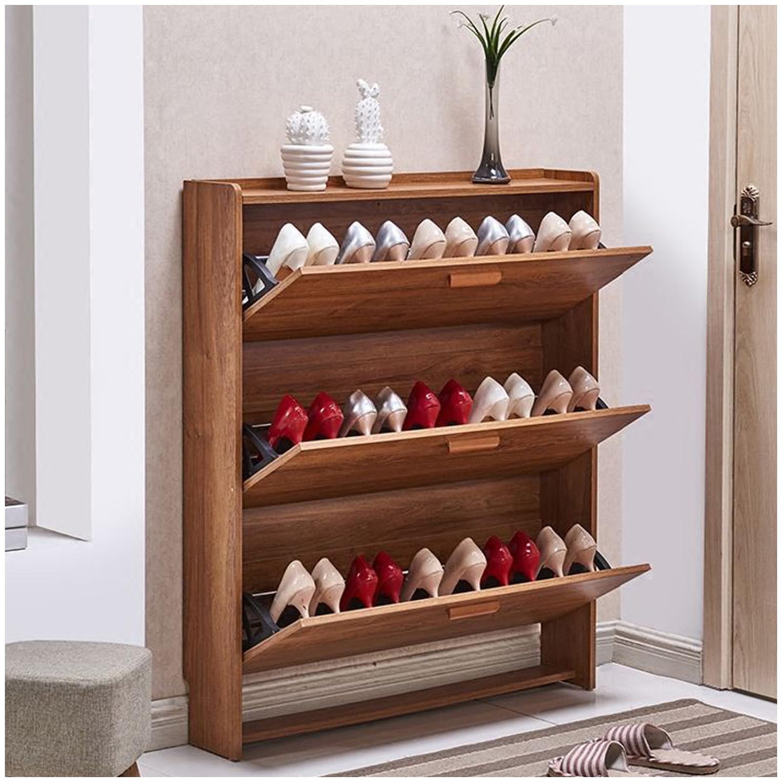 Meuble à chaussures étroit bois 3 niveaux avec armoire murale cachée