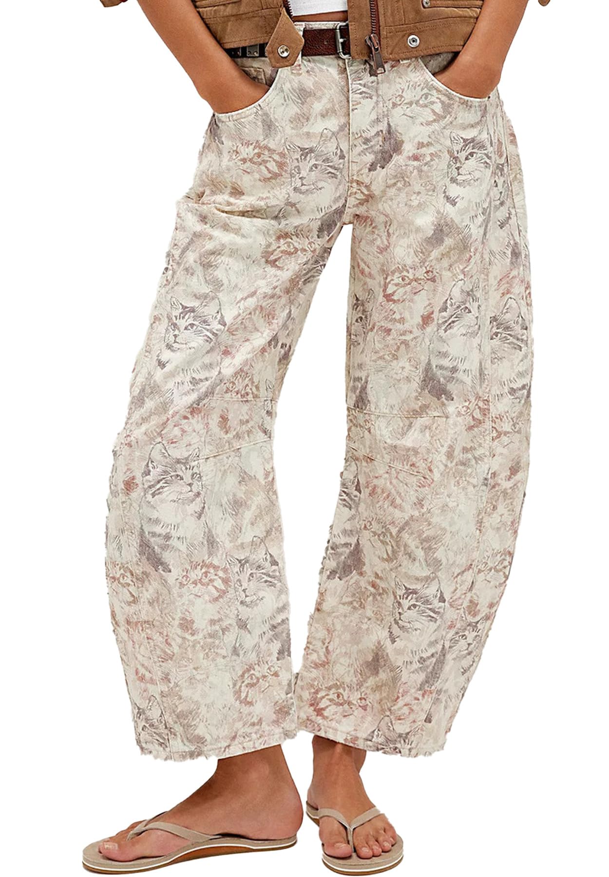 Women Barrel Jeans Casual Wide Leg Baggy Daisy Printed Pants Y2k Boyfriend Mid Rise Denim Ankle Pants, Daisy, M