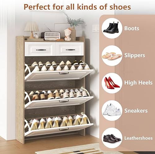 Miniatura 4 de ODUWA Armario de almacenamiento de zapatos con 3 cajones abatibles y 2 cajones de almacenamiento, fácil de almacenar 18-25 pares de zapatos, armario