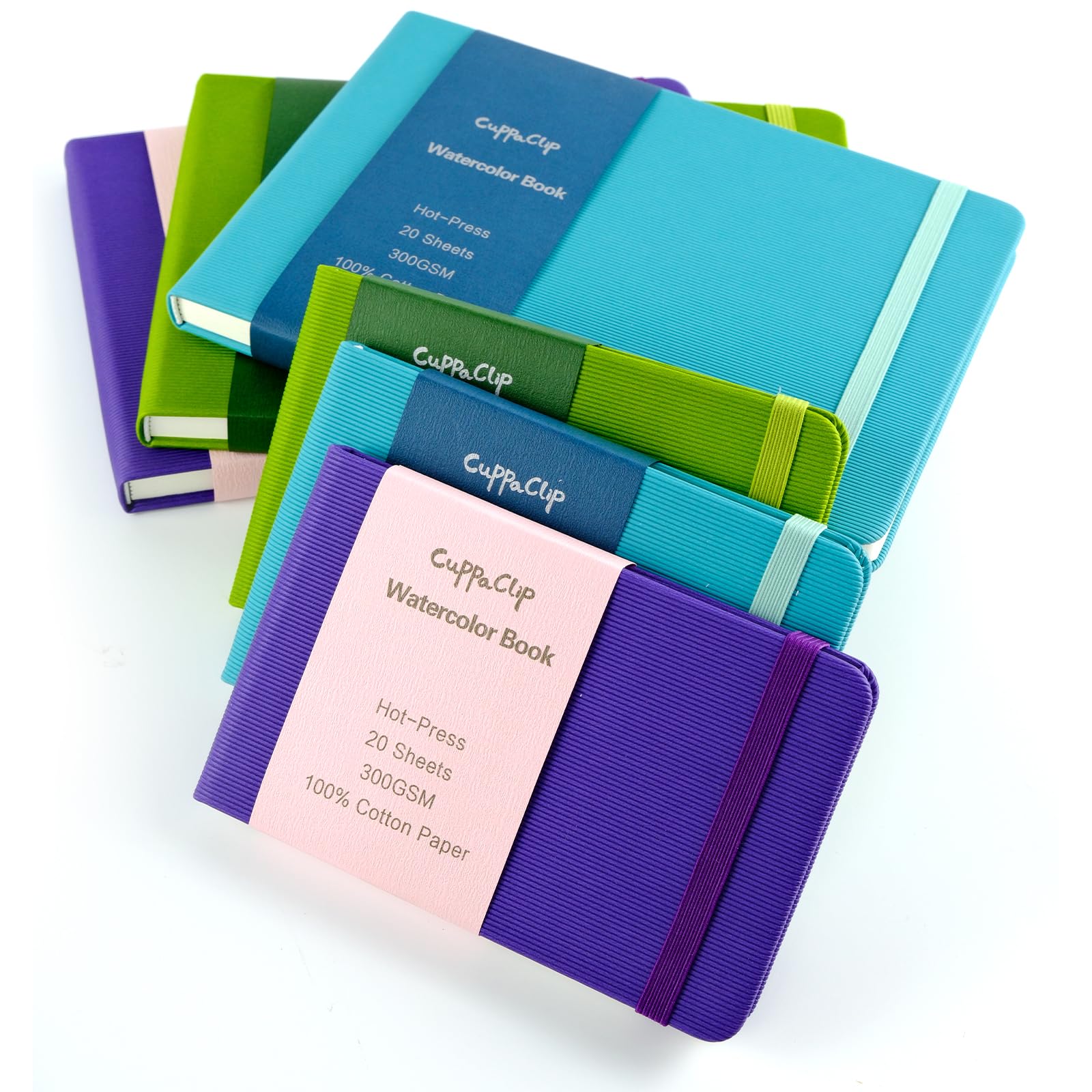 CuppaClip Quaderno per schizzi con carta ad acquerello in cotone pressato a caldo con tasca interna, diario da viaggio, 300 g/m², 63,5 kg (viola+verde, 14,8 x 9,5 cm)