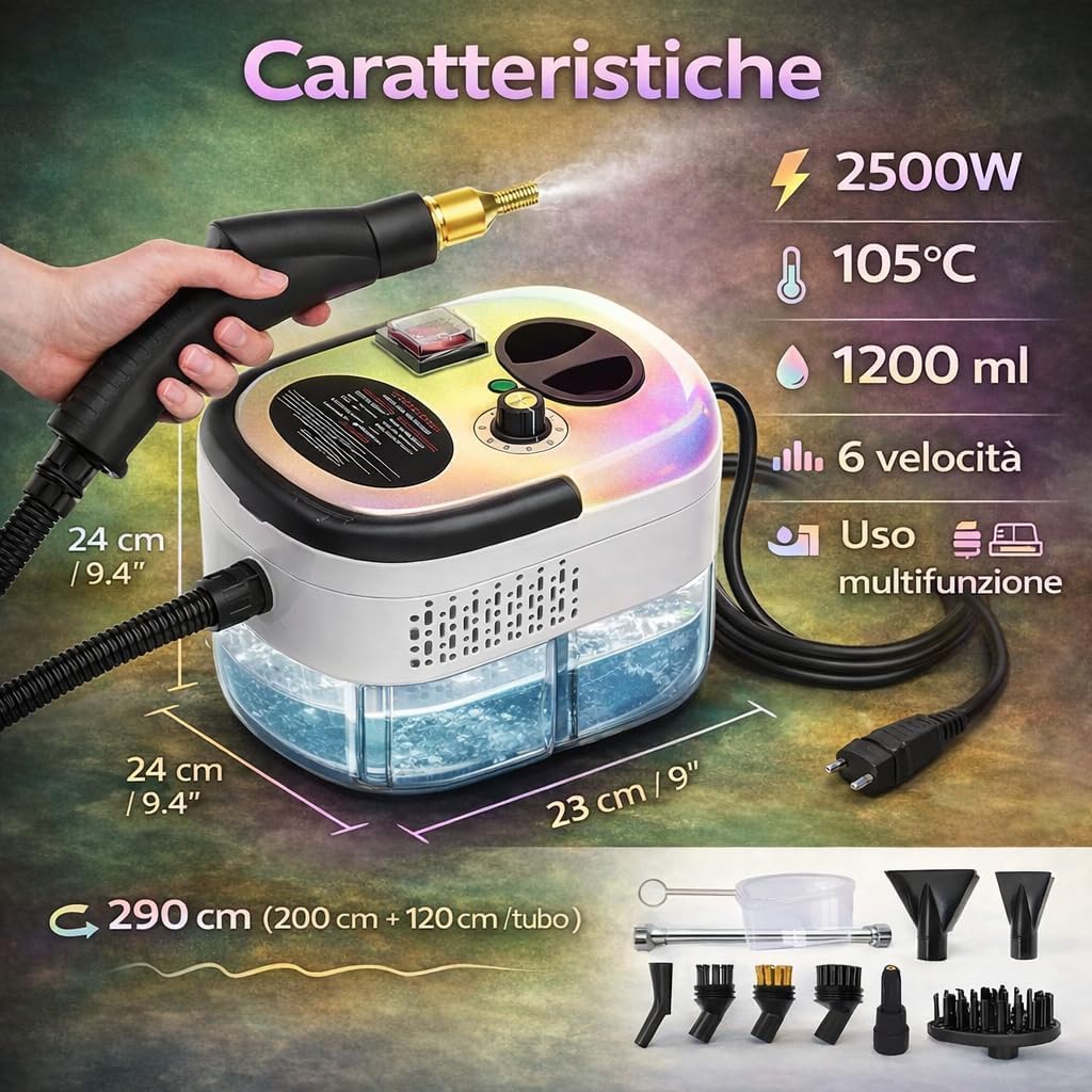 Pulitore a Vapore Portatile 2500W ad Alta Pressione – 6 Velocità Regolabili, Serbatoio 1200 ml, 3 Testine Incluse – Ideale per Casa, Cucina, Bagno, Finestre e Auto