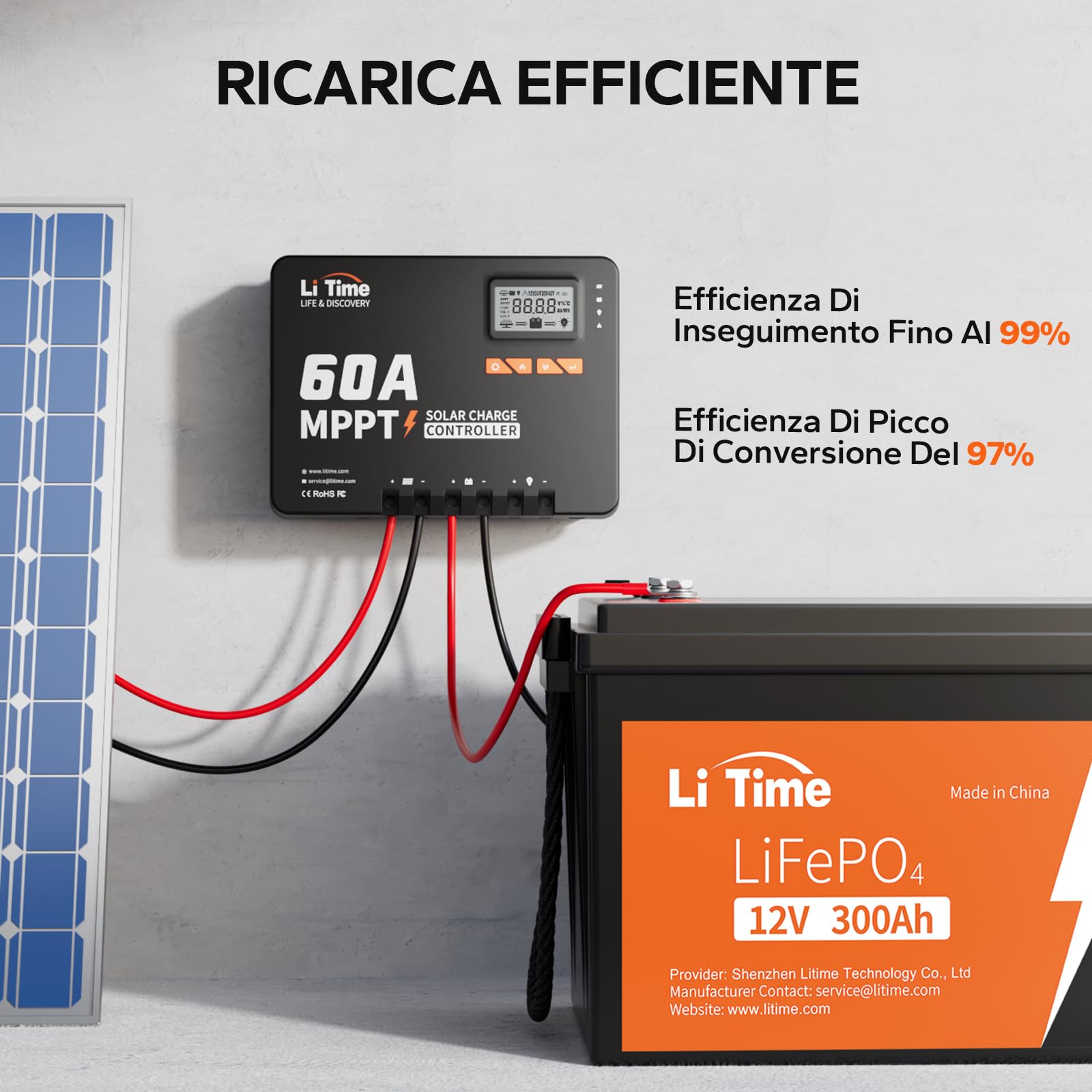LiTime 60A MPPT 12V/24V/36V/48V Max. 3200W Regolatore di carica solare con ingresso DC automatico e adattatore Bluetooth, display LCD con parametri regolabili, indicatori LED, regolatore per pannello